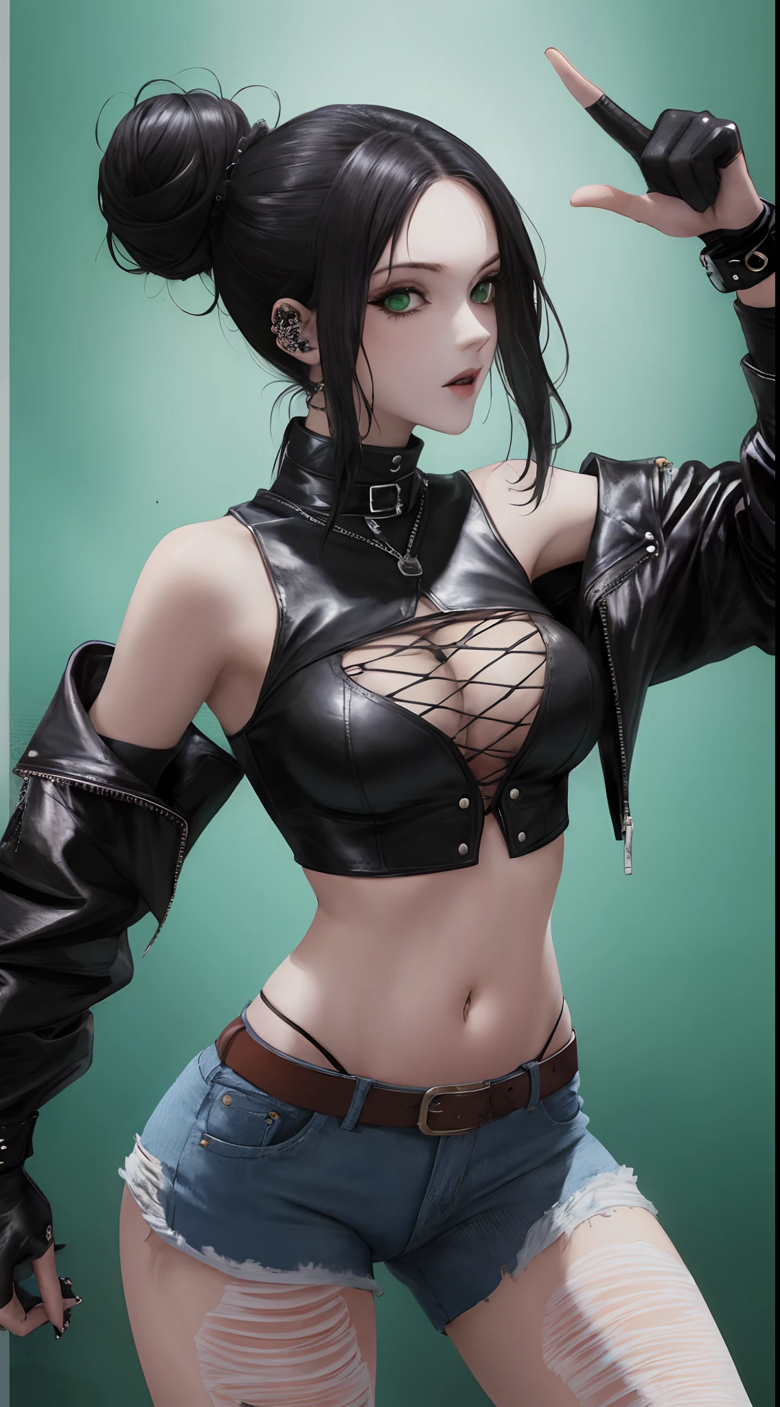 (Masterpiece, hiquality, absurdress) 1Woman, black hair, messy bun hair, Green eyes, a perfect face, amazing body, big breasts, heavy makeup, Gothic style, fishnet top, crop-top, leather vest, torn jeans, combat boots, piercing, Punk outfit, Rock concert, Vibration of heavy metals