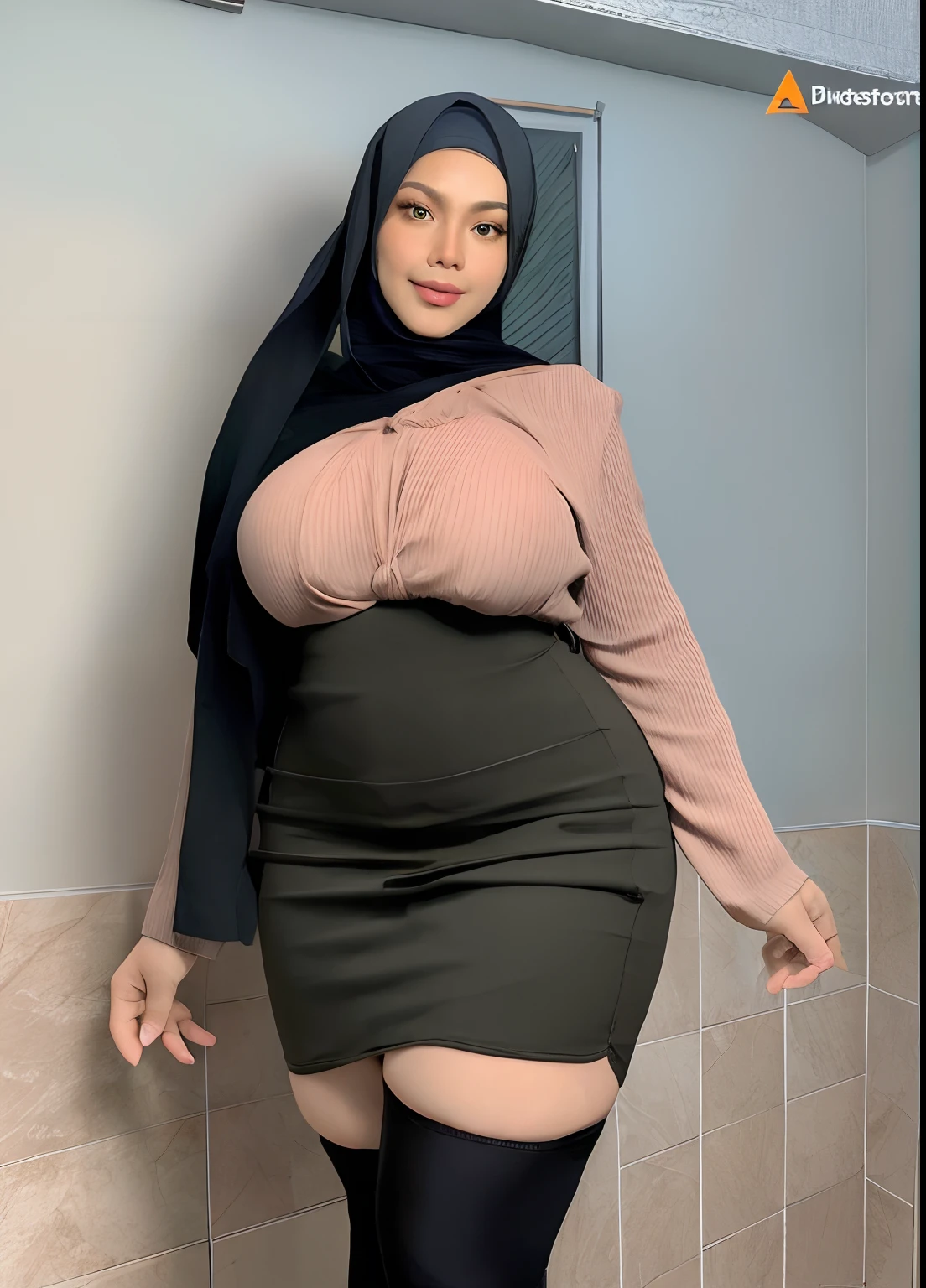 (masterpiece), best quality, expressive eyes, perfect face, milf, mother, mature, Indonesia, hijab, Mature, tattooed, standing in kitchen, voluptuous body, naked, hairy pussy