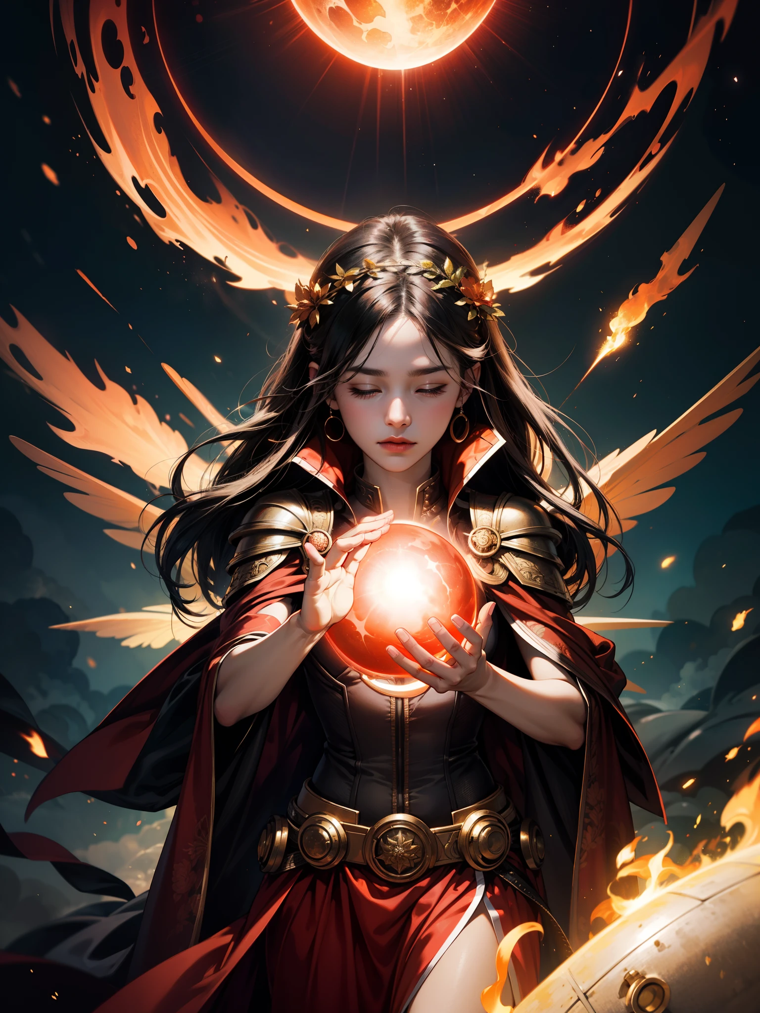 persephone, action scene, elemental goddess throwing charged up elemental energy sphere, showing skills, elden ring, halo, in fire, fiery atmosphere, masterpiece, best quality, realistic, fujifilm gfx 100, UHD