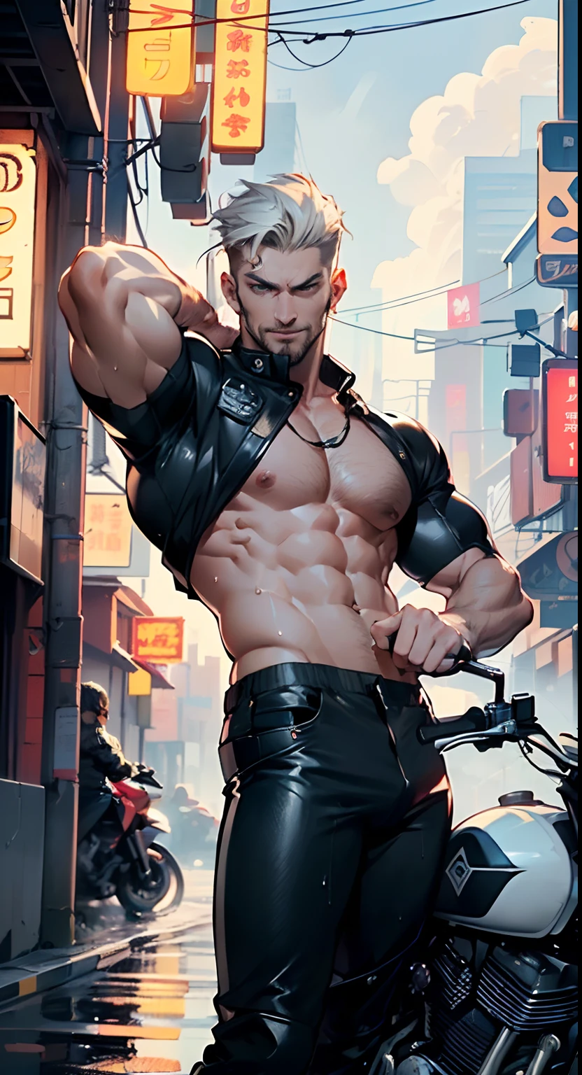 muscular man,(((1man))),((man muscular)),

(((1male,man:1.5,handsome man,male,male gender:1.5,male focus))),

((short white hair)),(((lustrous skin:1.5,tanned skin,bright skin: 1.5,skin tanned,shiny skin,very shiny skin,shiny body,illuminated skin))),(((yellow eyes:1.2))),intricate eyes,beautiful detailed eyes,symmetrical eyes,((exaggerated muscles,exaggerated shoulders,very muscular and huge)),man chest,handsome face,((((muscular,hairy body,muscular man,tall,big biceps,abs,big thighs,broad shoulders,open chest)))),((hand consists of a short thumb and four fingers,a hand with only five fingers,(detailed face))),(((square jaw))),

alluring look,nsfw,

(((bare chest,shirtless))),motorcyclist pants,((bulge in pants)),((motorcyclist outfit)),(wearing a motorcyclist outfit:1.3,motorcyclist clothes),((wet clothes,intricate outfit,intricate clothes)),

(dynamic pose:1.0),solo focus,((evil smile,evil look)),(centered,scale to fit dimensions,Rule of thirds),

cyberpunk city by the ocean at night, with bright neon signs and dark stormy clouds and puddles, scenery:1.25,

highres, sharp focus, (ultra detailed, extremely detailed), (photorealistic artwork:1.37),(extremely detailed CG unity 8k wallpaper),((synthwave background theme)),(((vibrant colors))),(intricate background),(masterpiece),(best quality),