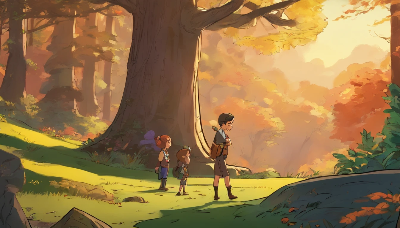 Little Emily and Professor John talk in a beautiful looking forest.(best quality,4k,8k,highres,masterpiece:1.2),ultra-detailed,(realistic,photorealistic,photo-realistic:1.37),adventure, map --auto