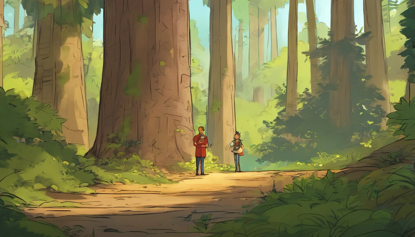  Emily and Professor John talk in a beautiful looking forest.(best quality,4k,8k,highres,masterpiece:1.2),ultra-detailed,(realistic,photorealistic,photo-realistic:1.37),adventure, map --auto