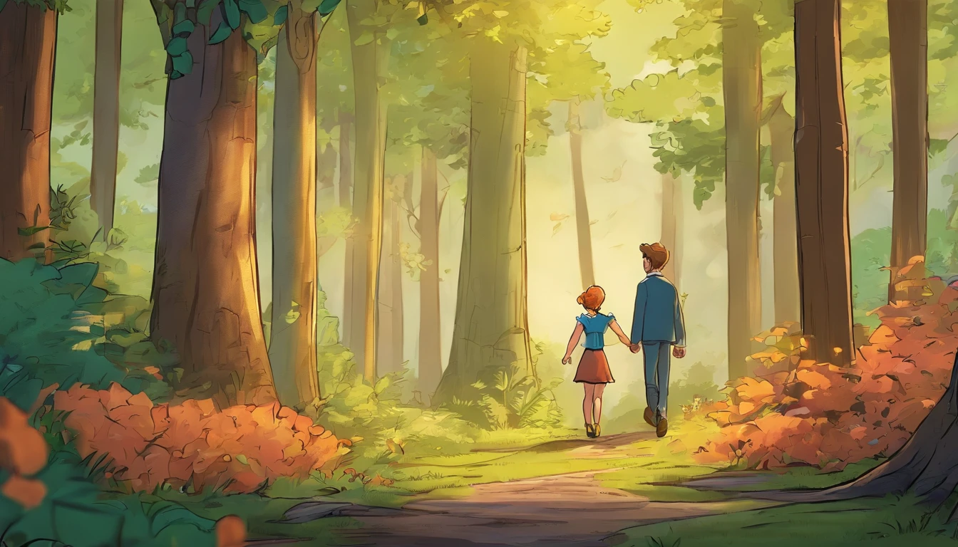 Little Emily and Professor John talk in a beautiful looking forest.(best quality,4k,8k,highres,masterpiece:1.2),ultra-detailed,(realistic,photorealistic,photo-realistic:1.37),adventure, map --auto