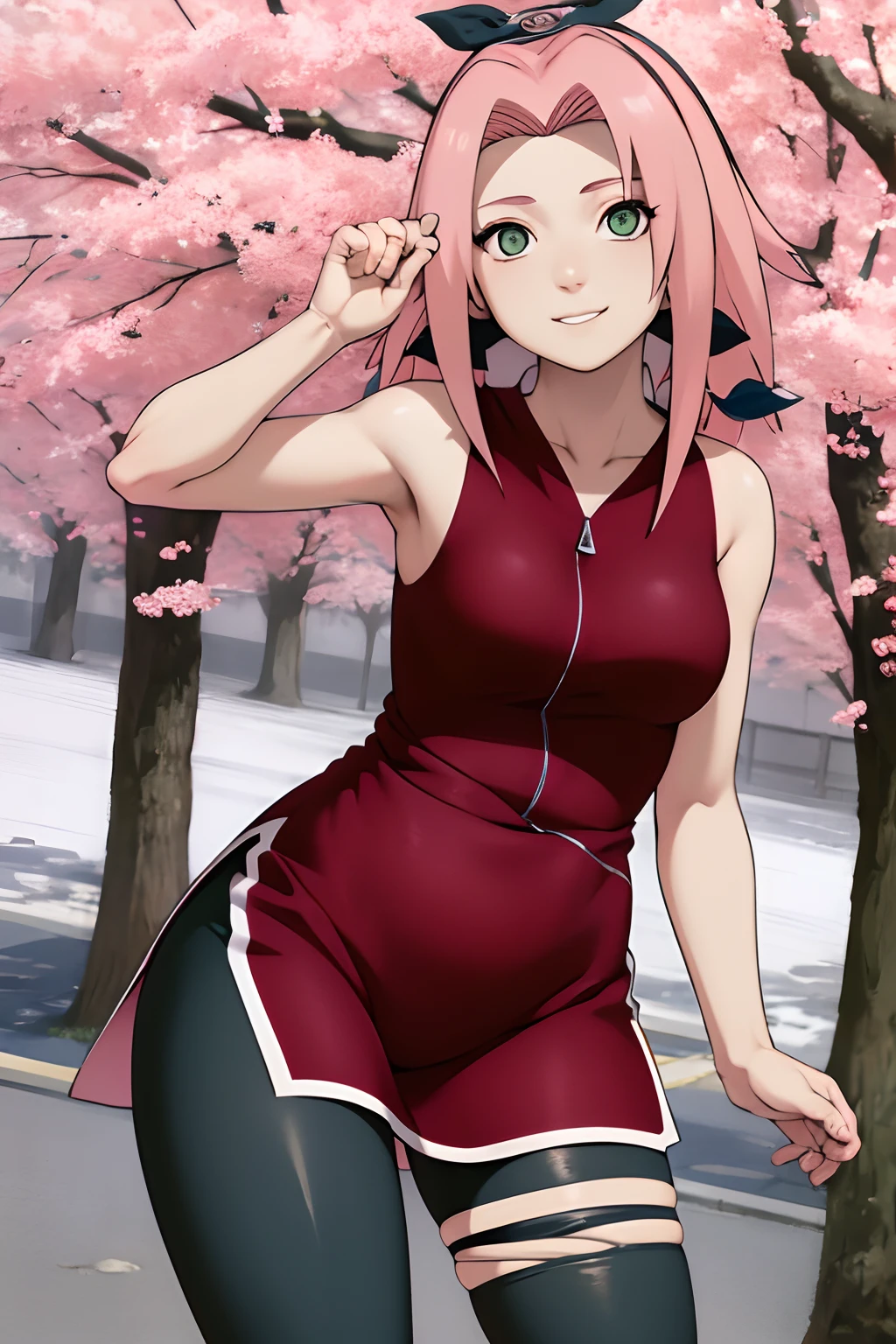 tmasterpiece， Best quality at best， 1girll， Sakura Haruno， medium breasts, smile，with pink hair， long whitr hair， （Green eyeballs:1.4)， Forehead protection， the cherry trees，Cherry blossoms flying，Red dress Cleft thighs, short tight pants , outfit body, tight pants short,