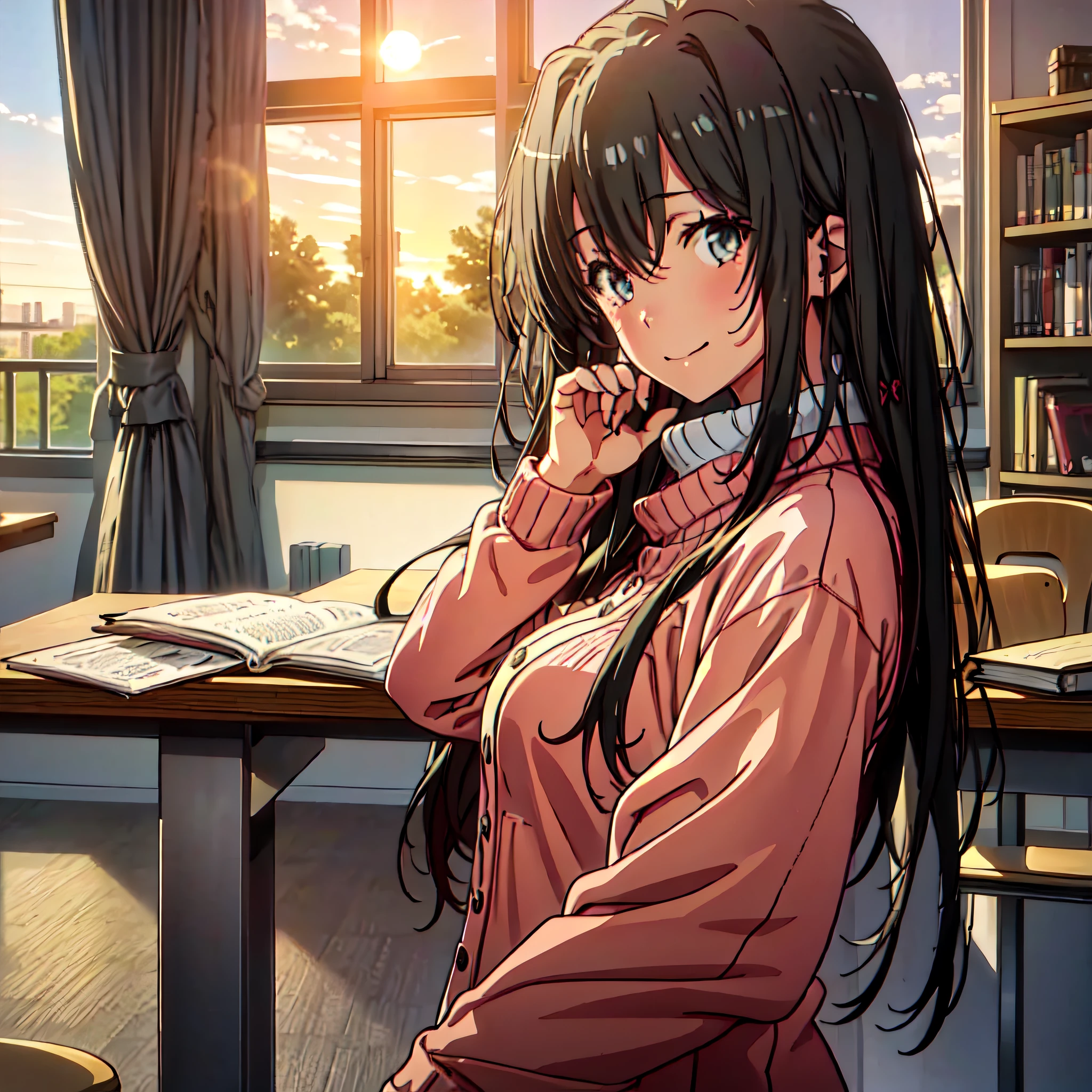 high quality, detailed, cinematic, one girl, studying in her peach pastel room, cozy study desk, architecture study, engineering studying, window overlooking beautiful nature scenery, staring at the scenery, (sunrise time), yukino yukinoshita, long black hair, (detailed eyes), slight smile, books in desk, casual clothes, lounging clothes