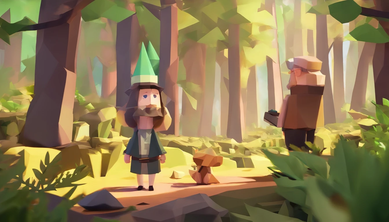 Emily and Professor John talk in a beautiful looking forest.(best quality,4k,8k,highres,masterpiece:1.2),ultra-detailed,(realistic,photorealistic,photo-realistic:1.37),adventure, map --auto