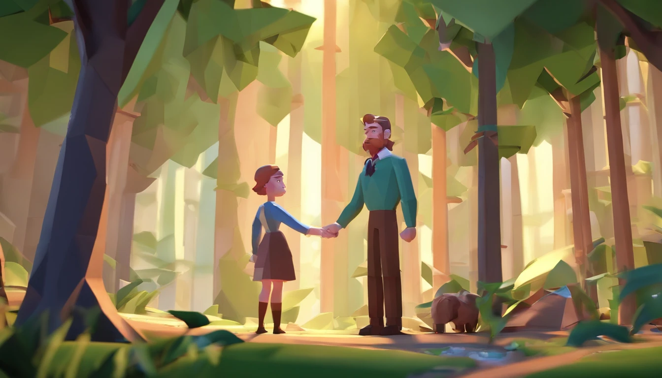 Emily and Professor John talk in a beautiful looking forest.(best quality,4k,8k,highres,masterpiece:1.2),ultra-detailed,(realistic,photorealistic,photo-realistic:1.37),adventure, map --auto