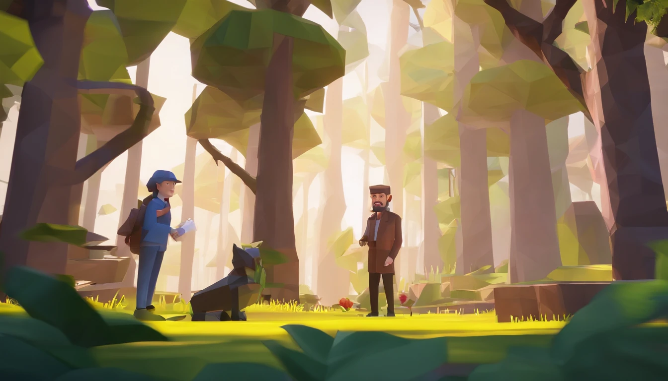 Little Emily and Professor John talk in a beautiful looking forest.(best quality,4k,8k,highres,masterpiece:1.2),ultra-detailed,(realistic,photorealistic,photo-realistic:1.37),adventure, map --auto