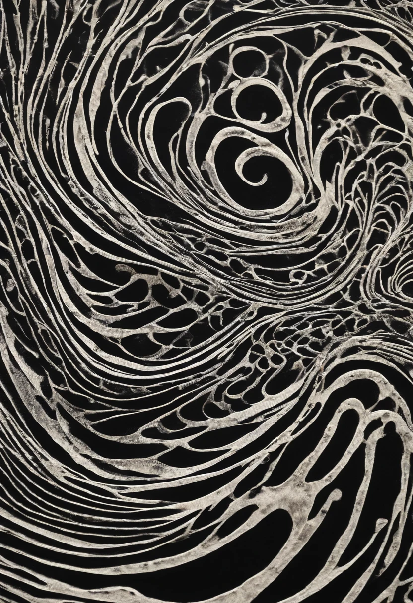 Closeup of a black and white rug with a pattern, reaction diffusion linocut, xilogravura azul, Abstrato estranho, um desenho abstrato, no estilo de jackson pollock, inspirado em Mark Tobey, textura de serigrafia, Directed by: Jackson Pollock, evil inky swirly ripples, Directed by: Mark Tobey, papel de parede do telefone. intrincado, muito abstrato