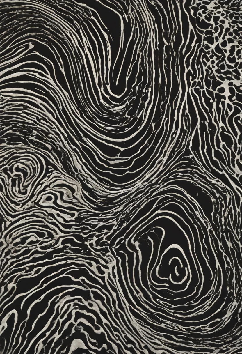 Closeup of a black and white rug with a pattern, reaction diffusion linocut, xilogravura azul, Abstrato estranho, um desenho abstrato, no estilo de jackson pollock, inspirado em Mark Tobey, textura de serigrafia, Directed by: Jackson Pollock, evil inky swirly ripples, Directed by: Mark Tobey, papel de parede do telefone. intrincado, muito abstrato
