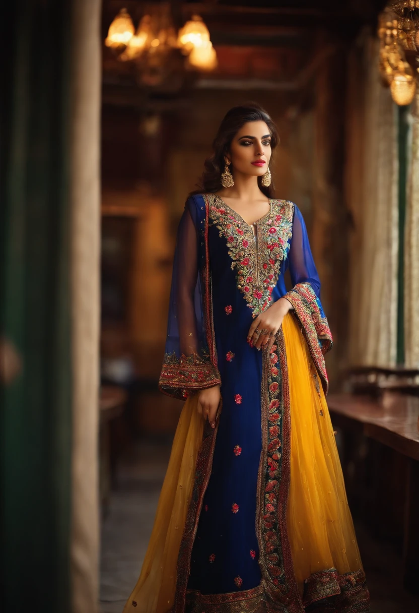 In traditional pakistani dresses, seductive pose, standing in coffee shop