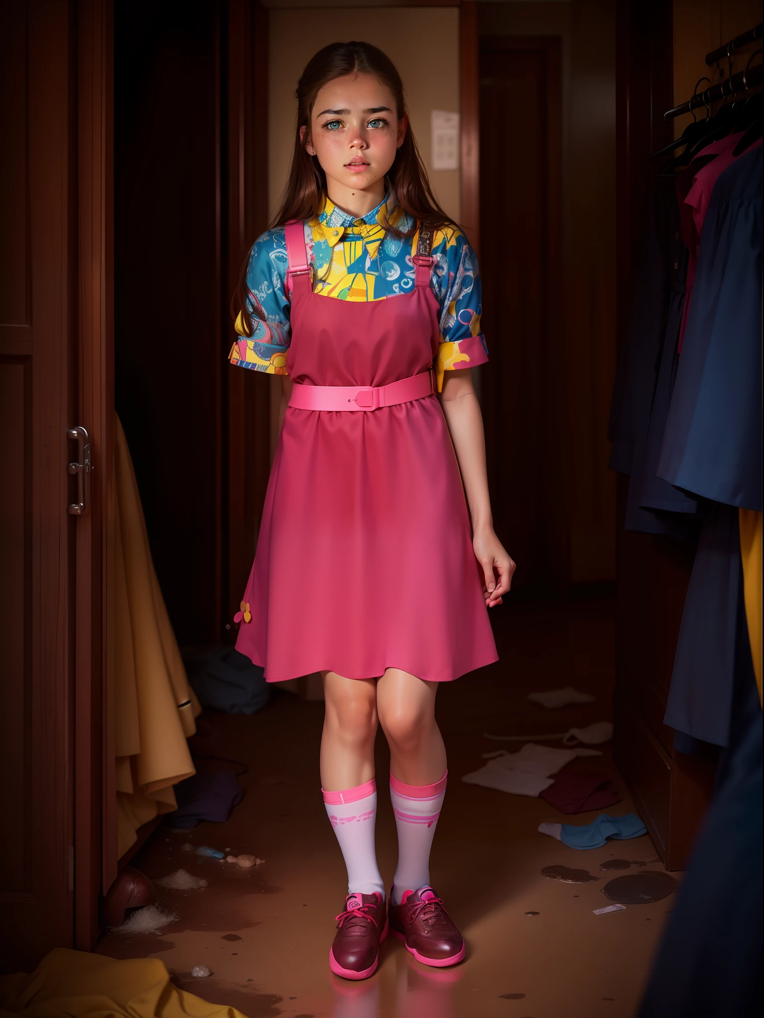 14 year old girl with Brown hair and blue eyes wearing a royal blue flared dress with thick straps and round collars, a shirt with a splash print (pink, yellow, red, water green) and short sleeves in a baby look style, a belt with a splash print (pink, yellow, red, water green), long white socks and shoes royal blue with colorful laces, uniforme orphanage in informal style, realistic PIC, 8k, primal work