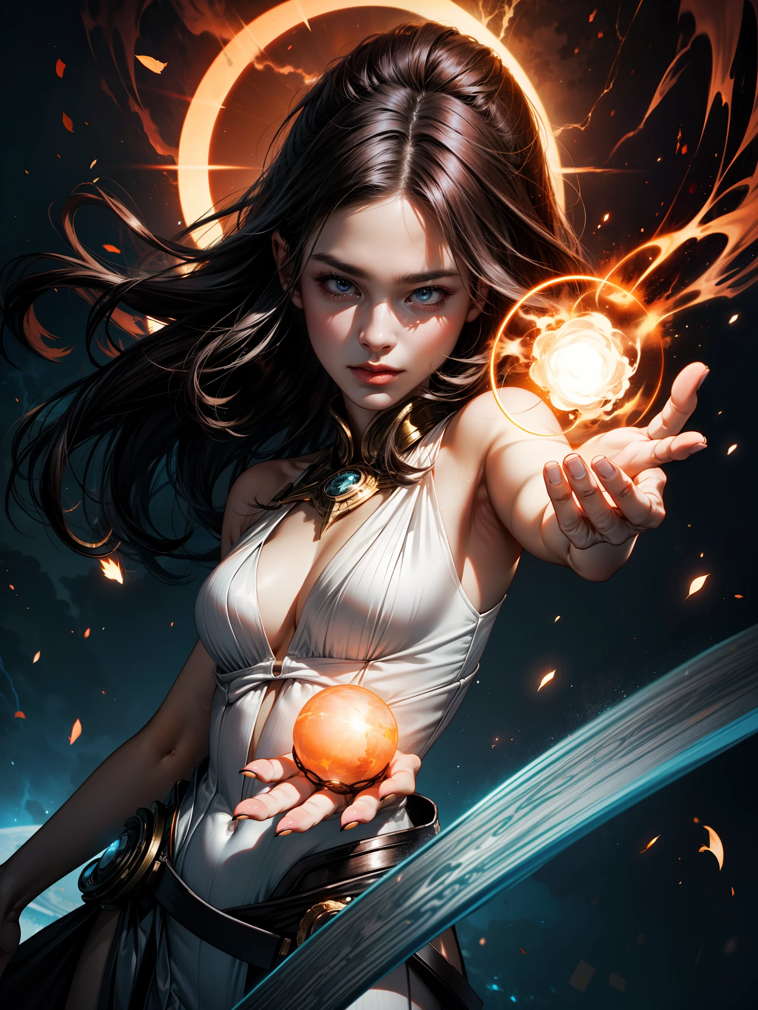 persephone, action scene, elemental goddess throwing charged up thunder energy sphere, showing skills, elden ring, halo, in fire, fiery atmosphere, masterpiece, best quality, realistic, fujifilm gfx 100, UHD