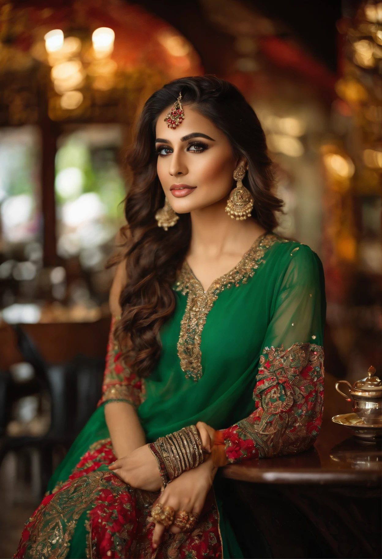 In traditional pakistani dresses, seductive pose, standing in coffee shop