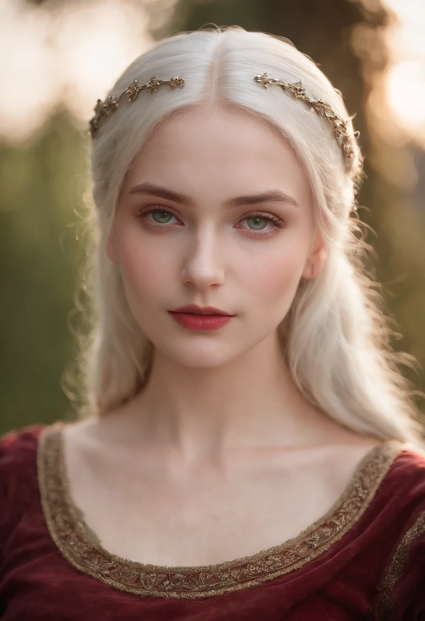 (((a deep reddish wound crosses her left cheek))) fair complexion, woman around 19 years old, natural white hair, distinctive green eyes, wearing kohl, slender and graceful, beautiful, candlelight in a medieval setting, ultra sharp focus, realistic shot, medieval female clothes, tetradic colors (scar:1.4)