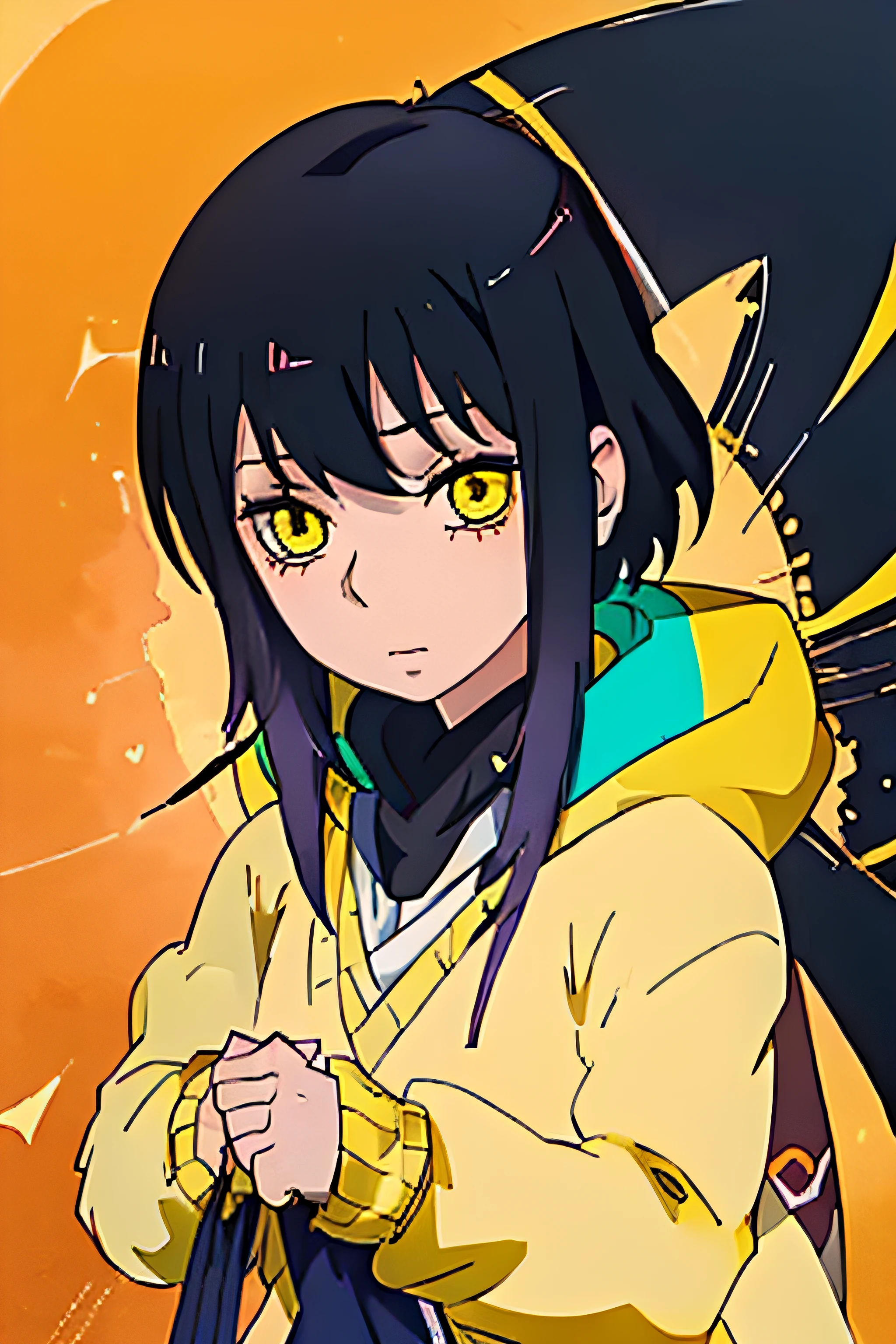 (miko:1.3), short hair, yellow eyes, black hair, multicolored hair, yellow sweater, school uniform, tie, perfect body, perfect anatomy, abstract colour background, (((hd))), (((masterpiece))), (((best quality))), ((16k)), (anime style), (((high detailed)))