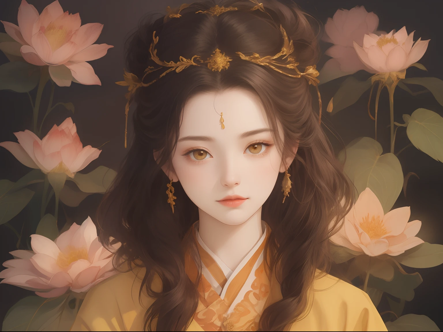 Best quality、tmasterpiece、A high resolution、1 flat-chested girl、HD photo of the upper body、Gold porcelain soft satin dress、golden dress,golden robes,Delicate hair accessories、Fine Necklace、detailed jewellery、pretty face、Physically、Flat and thin body,smallunderboob,Tyndall effect、realisticlying、Surrounded by white flowers、White flowers,edge lit、Surrounded by white flowers、bicolor lighting、(highdetailskin:1.2)、8K, Ultra HD、Digital SLR、softlighting、high high quality、volumettic light、sneak shot、photore、A high resolution、4K、8K、The background is blurred out,
