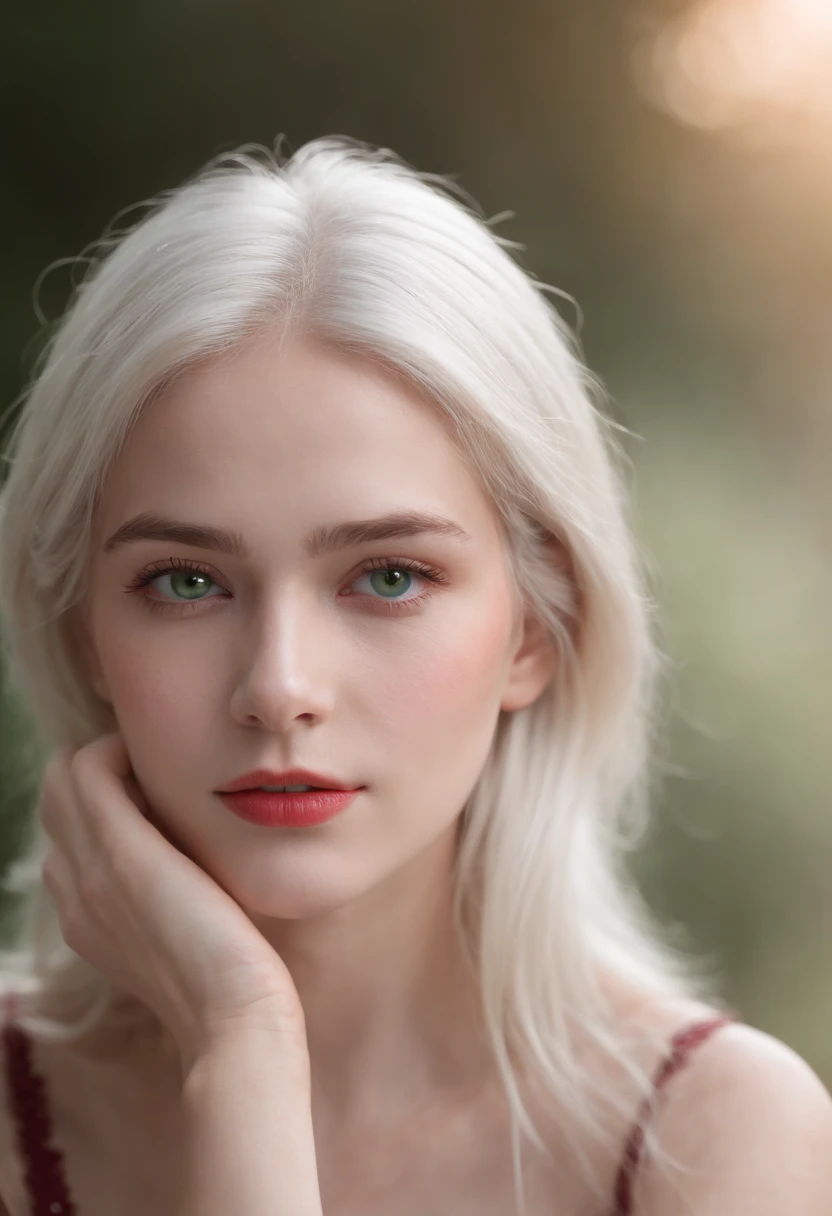 (((a deep reddish wound crosses her left cheek))) fair complexion, woman around 19 years old, natural white hair, distinctive green eyes, wearing kohl, slender and graceful, beautiful, ultra sharp focus, realistic shot, tetradic colors (scar:1.4)