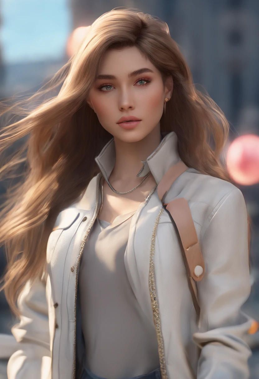 masterpiece, highres, screen shot, best quality, 1girl, (scar on left eye), white cropped jacket, highly detailed, rule of thirds, jewelry, long hair, bangs, hair between eyes