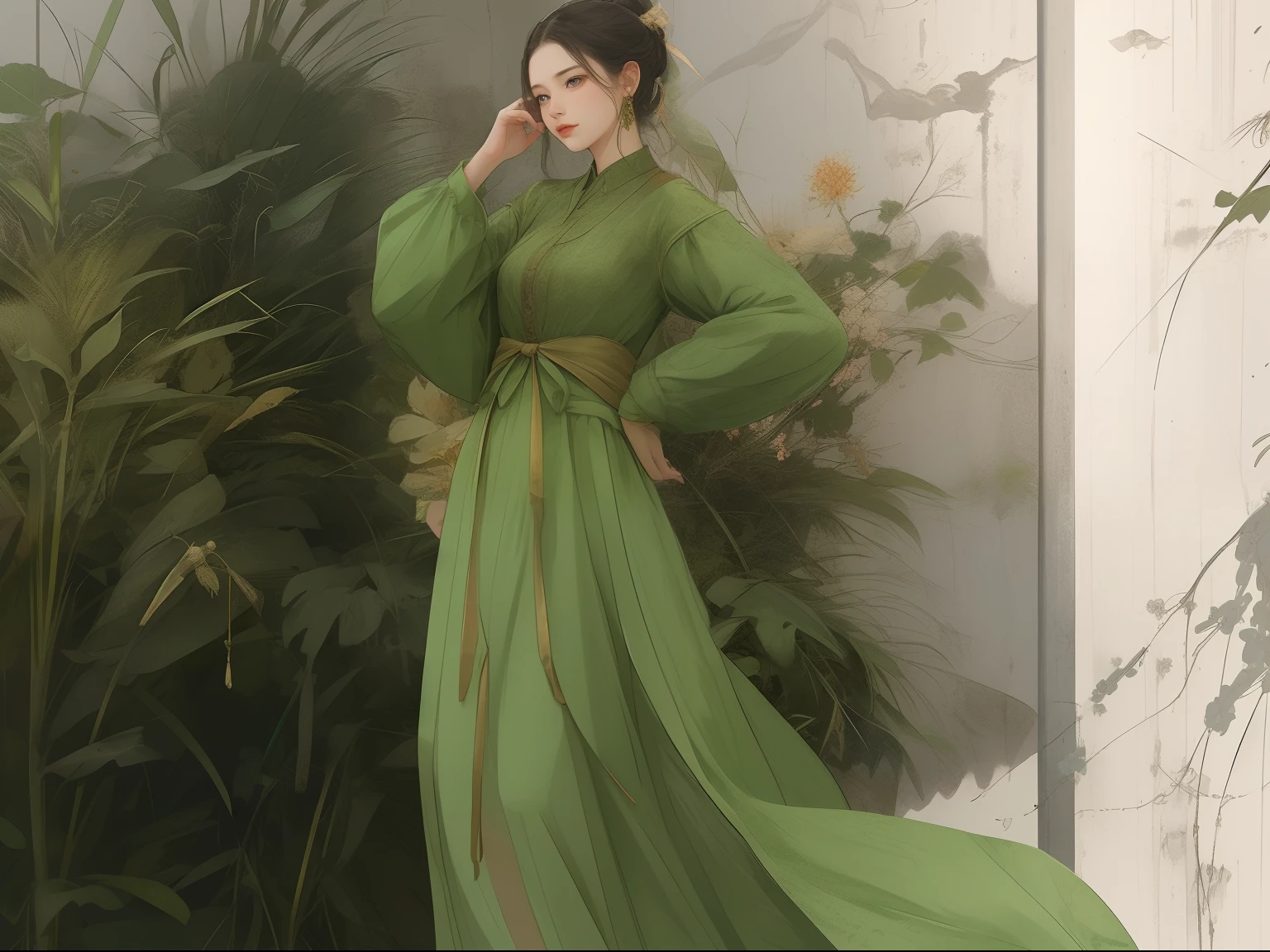 Best quality、tmasterpiece、A high resolution、1 flat-chested girl、HD photo of the upper body、Green porcelain soft satin dress、Green dress,green robe,Delicate hair accessories、Fine Necklace、detailed jewellery、pretty face、Physically、Flat and thin body,smallunderboob,Tyndall effect、realisticlying、Surrounded by white flowers、White flowers,edge lit、Surrounded by white flowers、bicolor lighting、(highdetailskin:1.2)、8K, Ultra HD、Digital SLR、softlighting、high high quality、volumettic light、sneak shot、photore、A high resolution、4K、8K、The background is blurred out,