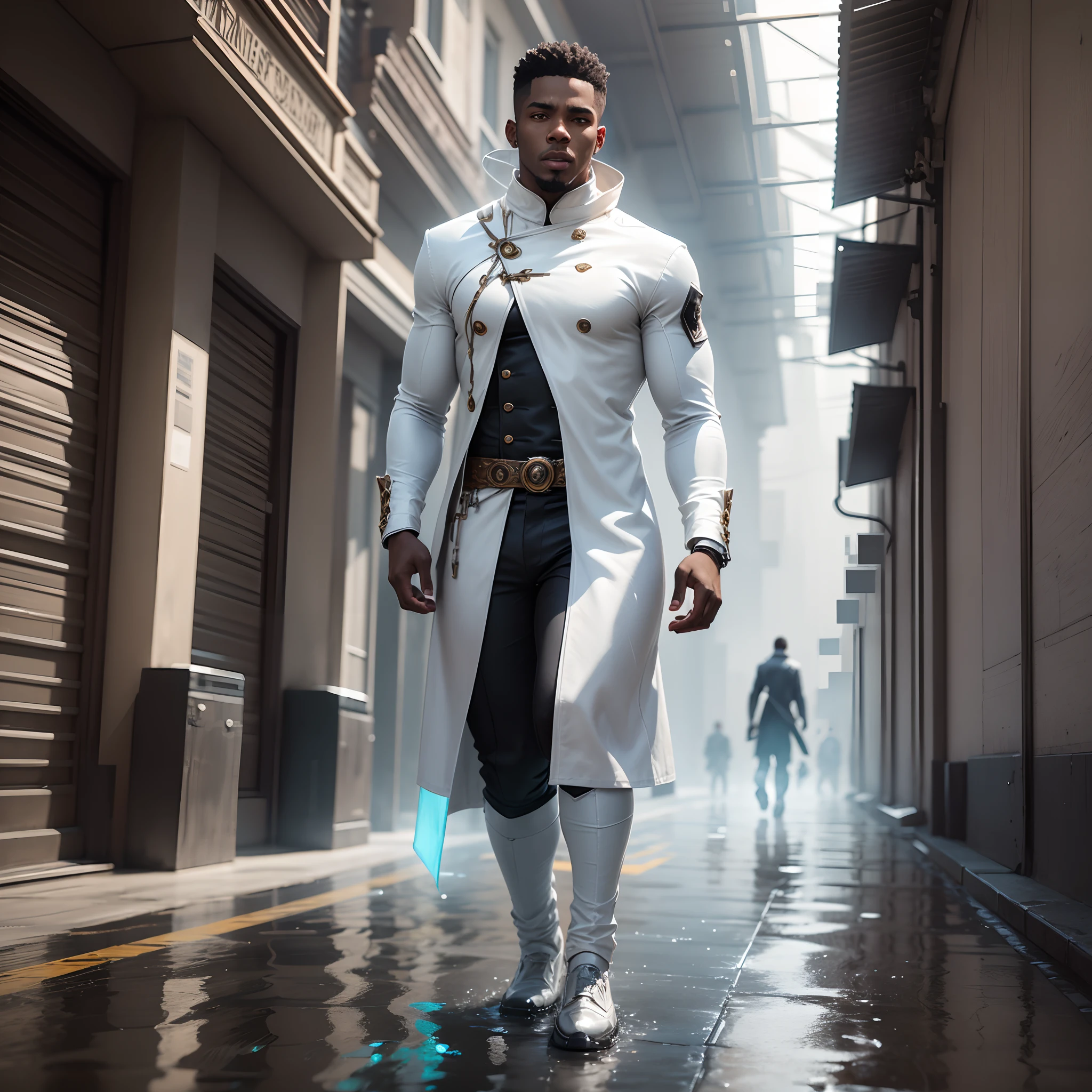 black man dressed in white coloured African designed clothes, walking on a wet surface covered by white smoke, all white coloured in scene, cgsociety 9, sci-fi, with iridescent light, 32k, ultra HD, unreal engine rendered, cinematic lighting,  bright and vibrant colours, photorealistic image, --auto --s2