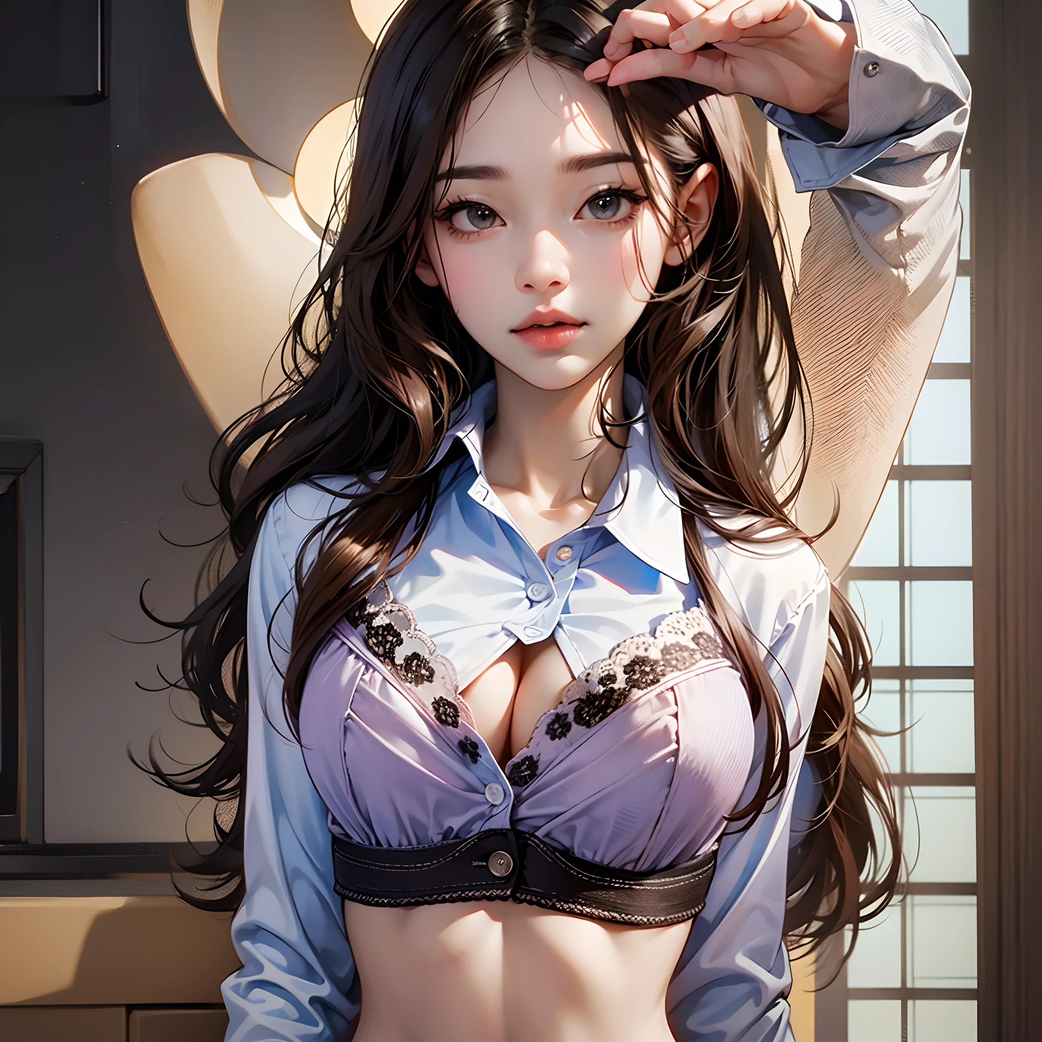 1 girl, button shirt, large breasts, small shirt, button about to break, small gaps between buttons, push up bra, shirt stretching to its limit, long brown hair, kpop, korean women, both hands covering breasts --auto --s2