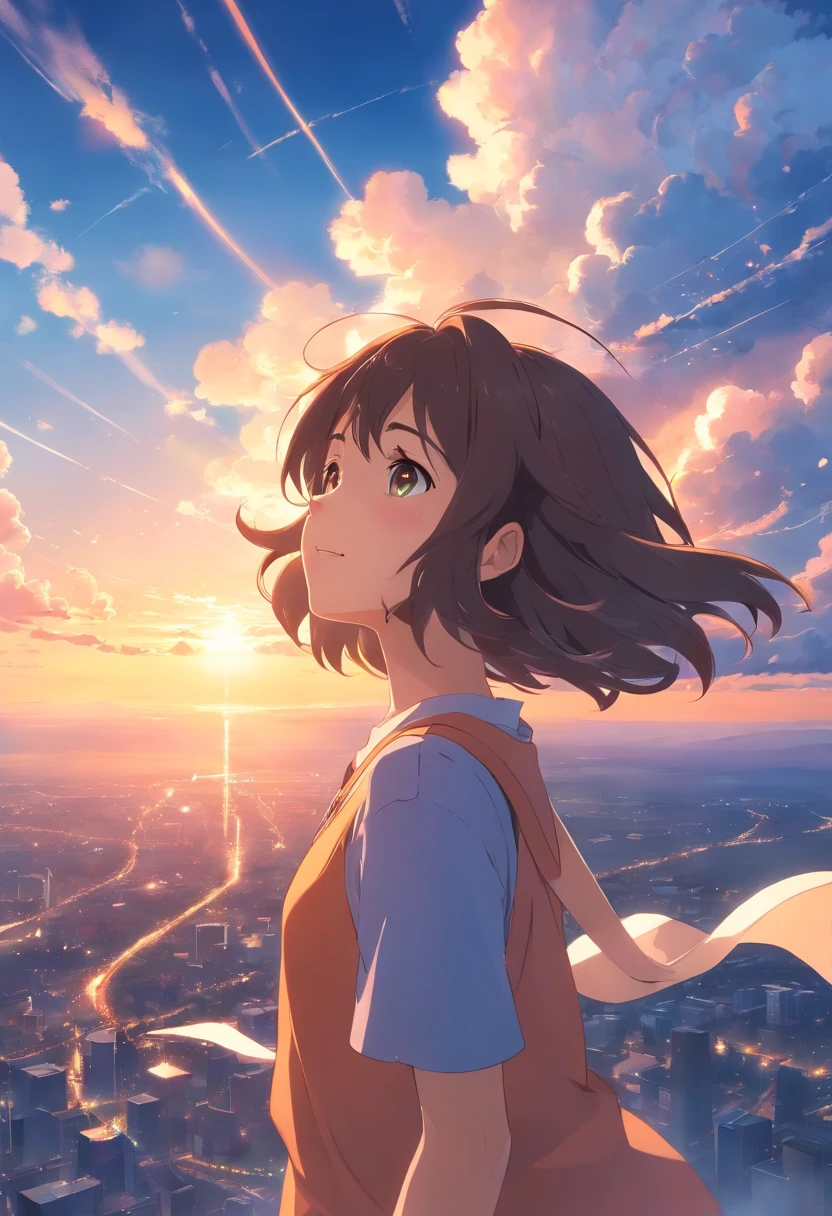 masterpiece, best quality, movie still, 1girl, cloud girl, floating in the sky, close-up, bright, happy, warm soft lighting, sunset, (sparks:0.7)