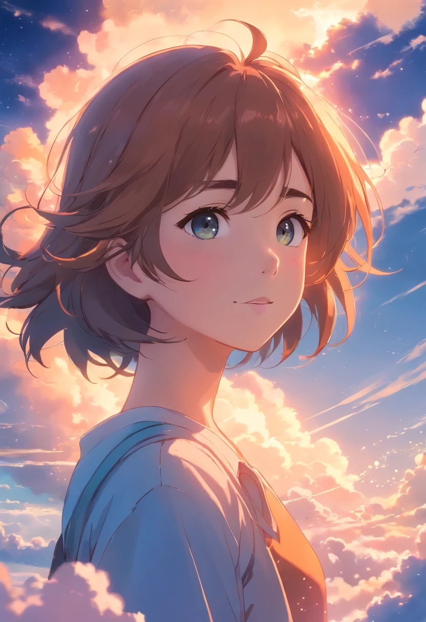 masterpiece, best quality, movie still, 1girl, cloud girl, floating in the sky, close-up, bright, happy, warm soft lighting, sunset, (sparks:0.7)