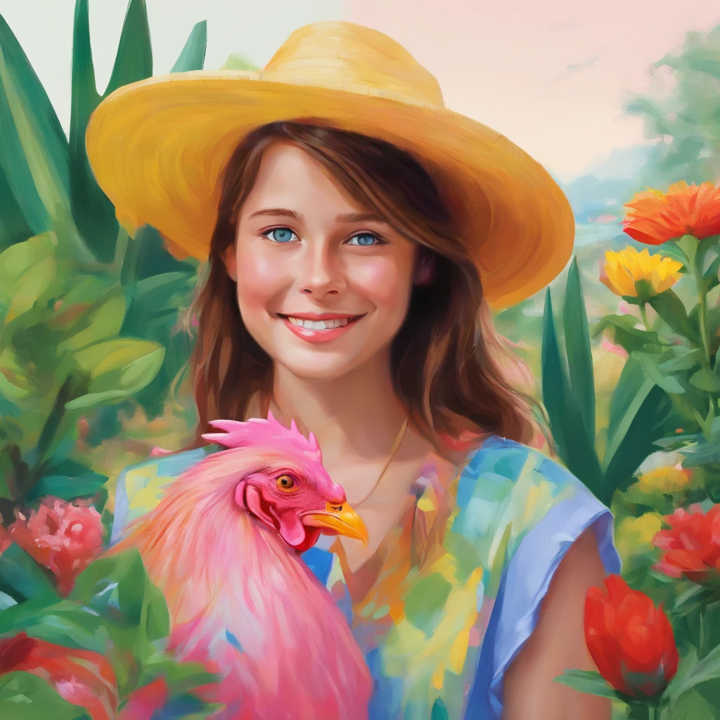 (a beautiful girl with brown hair and bright blue eyes),(holding a brightly colored rooster),(surrounded by a lush garden with vibrant flowers and towering trees),(wearing a flowing summer dress),(looking joyful and confident),(captured in a stunning oil painting),(ultra-detailed, high-res, with sharp focus and vivid colors),(featuring soft and warm lighting),(portrait, mix-in of photography and concept artists),(with a color palette of pastel tones and pops of vibrant hues)