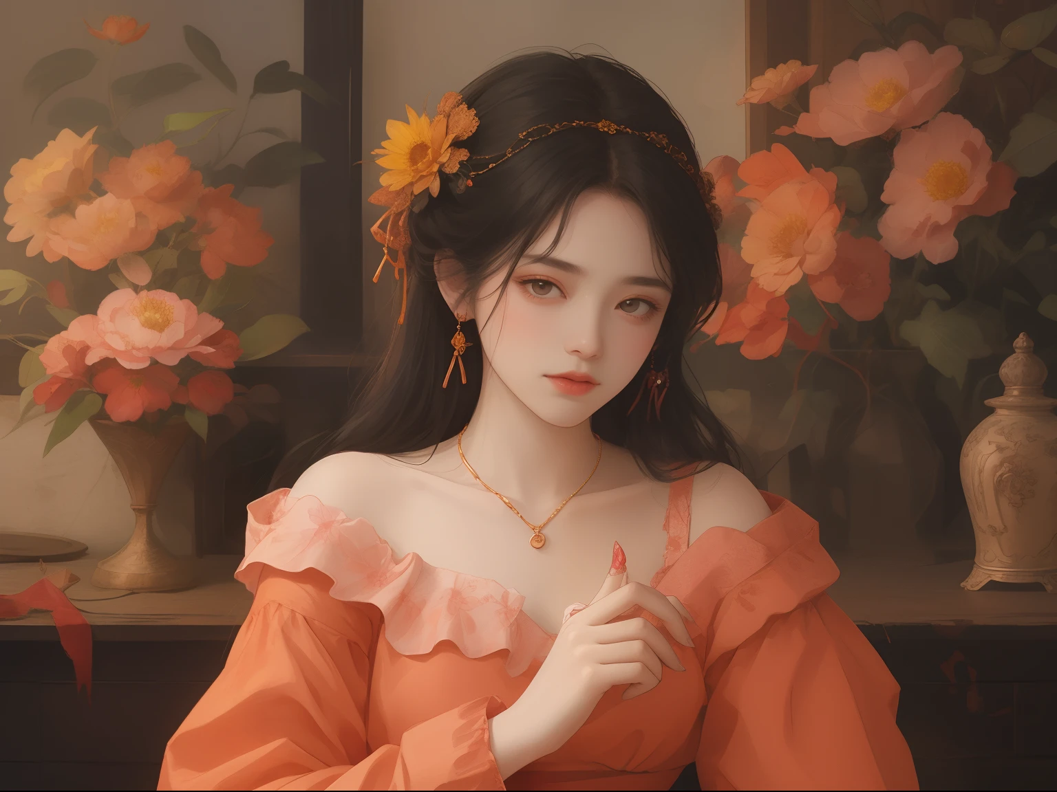Best quality、tmasterpiece、A high resolution、1 flat-chested girl、HD photo of the upper body、Orange porcelain soft satin dress、Orange dress,Orange robe,Delicate hair accessories、Fine Necklace、detailed jewellery、pretty face、Physically、Flat and thin body,smallunderboob,Tyndall effect、realisticlying、Surrounded by white flowers、White flowers,edge lit、Surrounded by white flowers、bicolor lighting、(highdetailskin:1.2)、8K, Ultra HD、Digital SLR、softlighting、high high quality、volumettic light、sneak shot、photore、A high resolution、4K、8K、The background is blurred out,