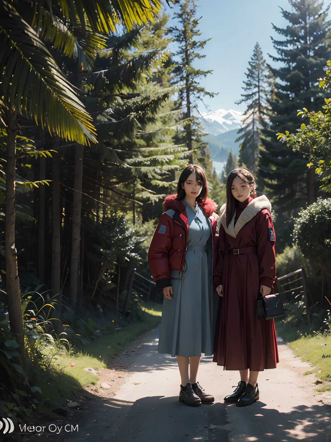 2 girls with red fur standing in front of a beautiful large blue palace in the forest