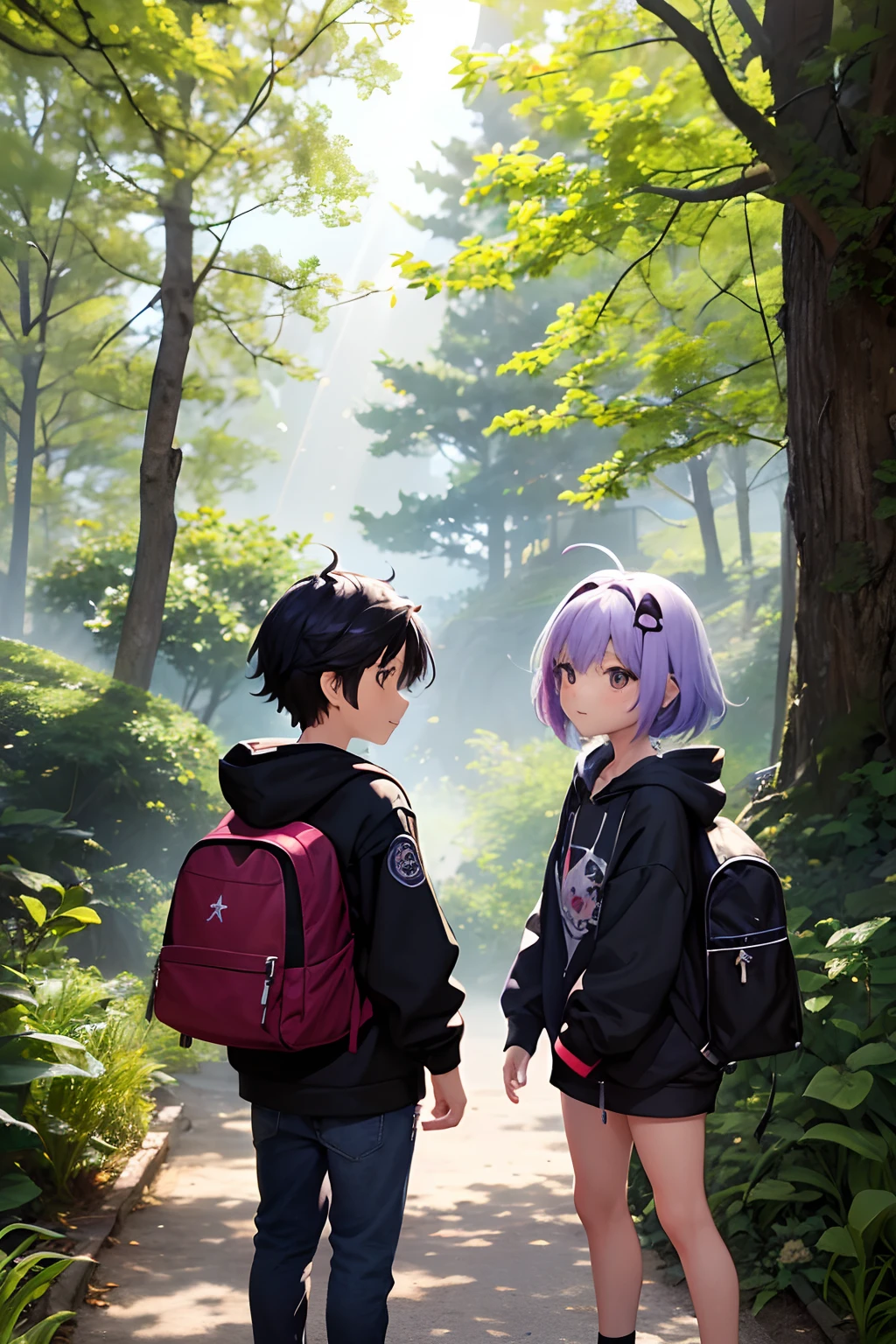 Create an image of a picturesque park bathed in warm, late afternoon sunlight. The park features rolling green hills, scattered trees with leaves gently swaying in the breeze, and colorful wildflowers blooming along a winding pathway. In the foreground, near the base of the largest hill, depict two adorable chibi characters, Raven and Hoodie. Raven, on the left, is a chibi boy with a distinctive raven-themed appearance. He wears a stylish, black hoodie adorned with intricate raven feathers and sports a raven-shaped head. His expression radiates excitement and curiosity as he gazes at the treasure map. Hoodie, on the right, is a chibi girl dressed in a cute, pastel-colored hoodie with a playful design featuring adorable critters. She carries a small, well-worn backpack on one shoulder, hinting at her adventurous spirit. Her face is lit up with an eager and cheerful smile as she leans in close to examine the treasure map with Raven. The treasure map, partially unfurled between them, is weathered and aged, showing signs of past adventures. It prominently displays a marked "X" in a bold, vibrant red circle, indicating the treasure's location. Rays of sunlight filter through the trees, casting warm, dappled shadows across the scene, creating a tranquil and inviting atmosphere in the park.