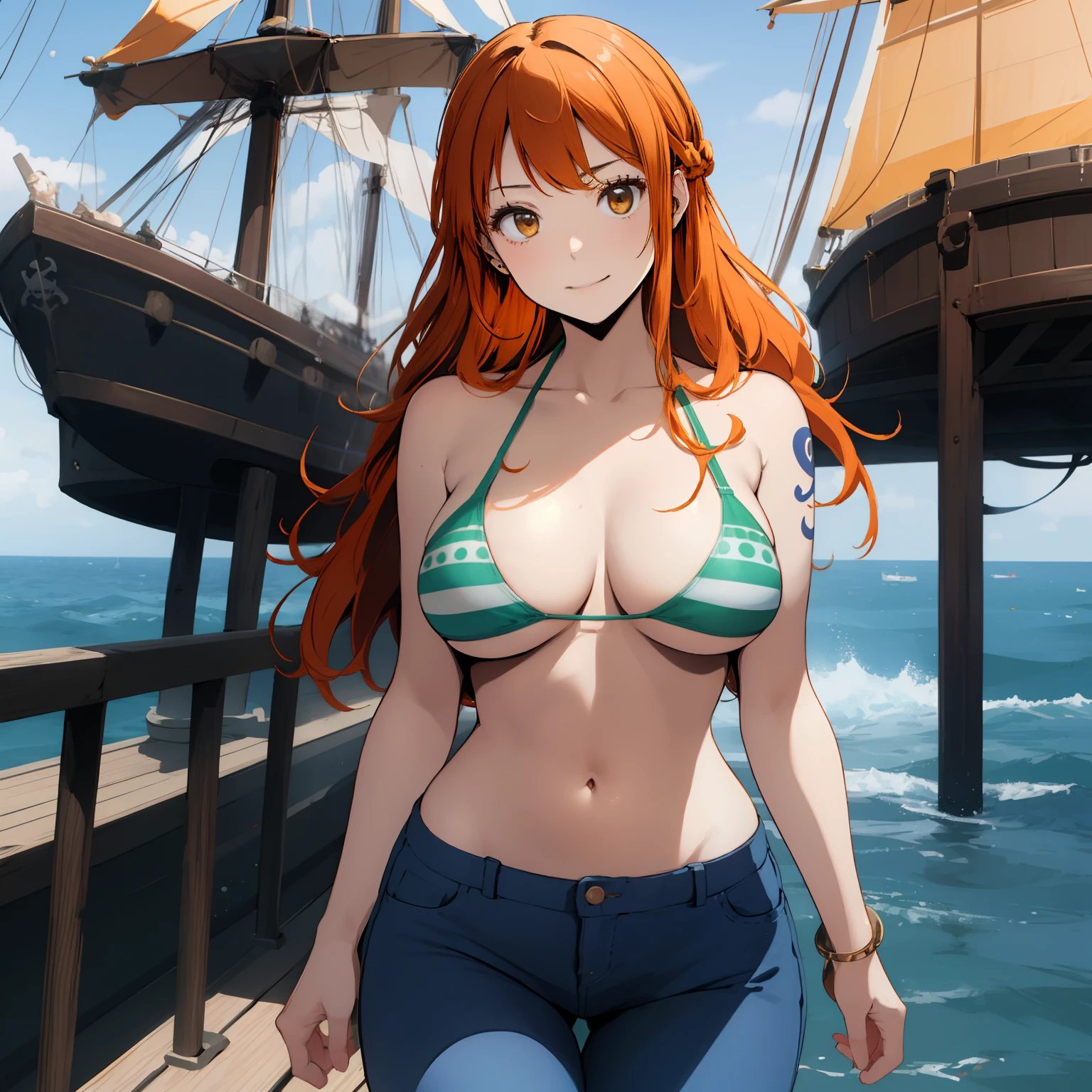 masterpiece、top-quality、beautiful lighting、Pirate Ship、Nami \(Onepiece\),28 year old、Model style、big sized breasts、1womanl,Sea,On board a pirate ship、Blue and green color bikini top, vissible bellybutton, jeans, slender body, thin waist、Gravure Pose, sexypose、Attractive composition、length hair, look at viewr, A slight smile, orange color hair, Tattoos on the shoulders, 独奏, Convoluted, high detailing, foco nítido, Dramatic, Beautuful Women , (Raw photography, 8K UHD, film grains), Caustics, Sub-surface scattering, Reflectors、