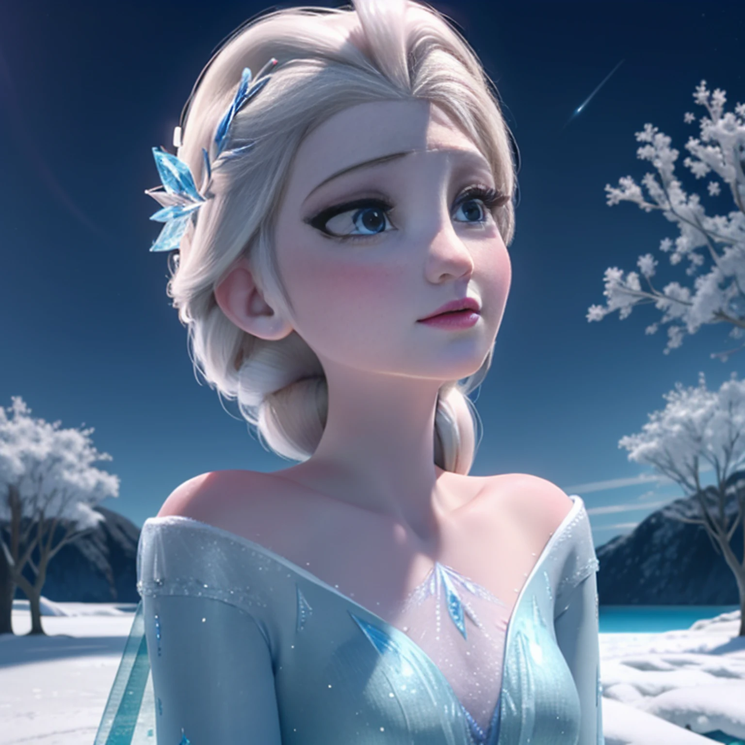 close-up of Elsa from Frozen sitting like a lady under a tree on ice and looking up at the sky, muitos detalhes, Beautiful, Elsa, Frozen, alta qualidade