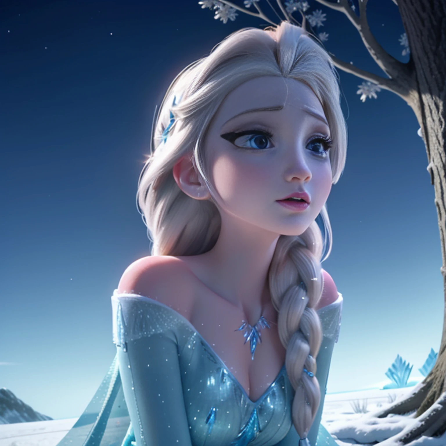 close-up of Elsa from Frozen sitting like a lady under a tree on ice and looking up at the sky, muitos detalhes, Beautiful, Elsa, Frozen, alta qualidade