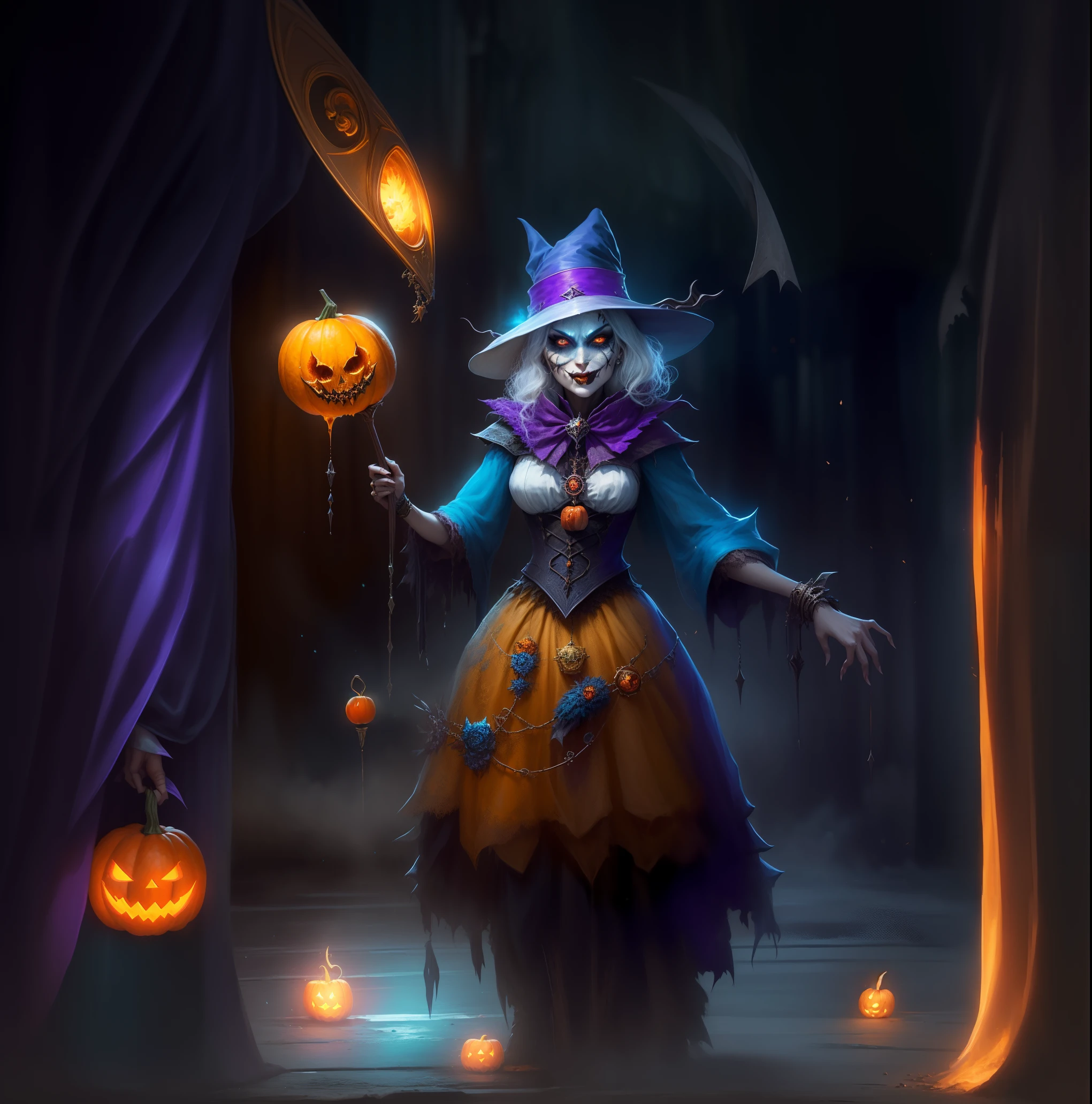 a close up of a woman in a costume holding a pumpkin, evil sorceress witch, supervillain sorceress witch, halloween art style, bright witch, beautiful witch female, evil sorceress, beautiful sorceress, necromancer sorceress, dark witch character, classical witch, a beautiful sorceress, pretty sorceress