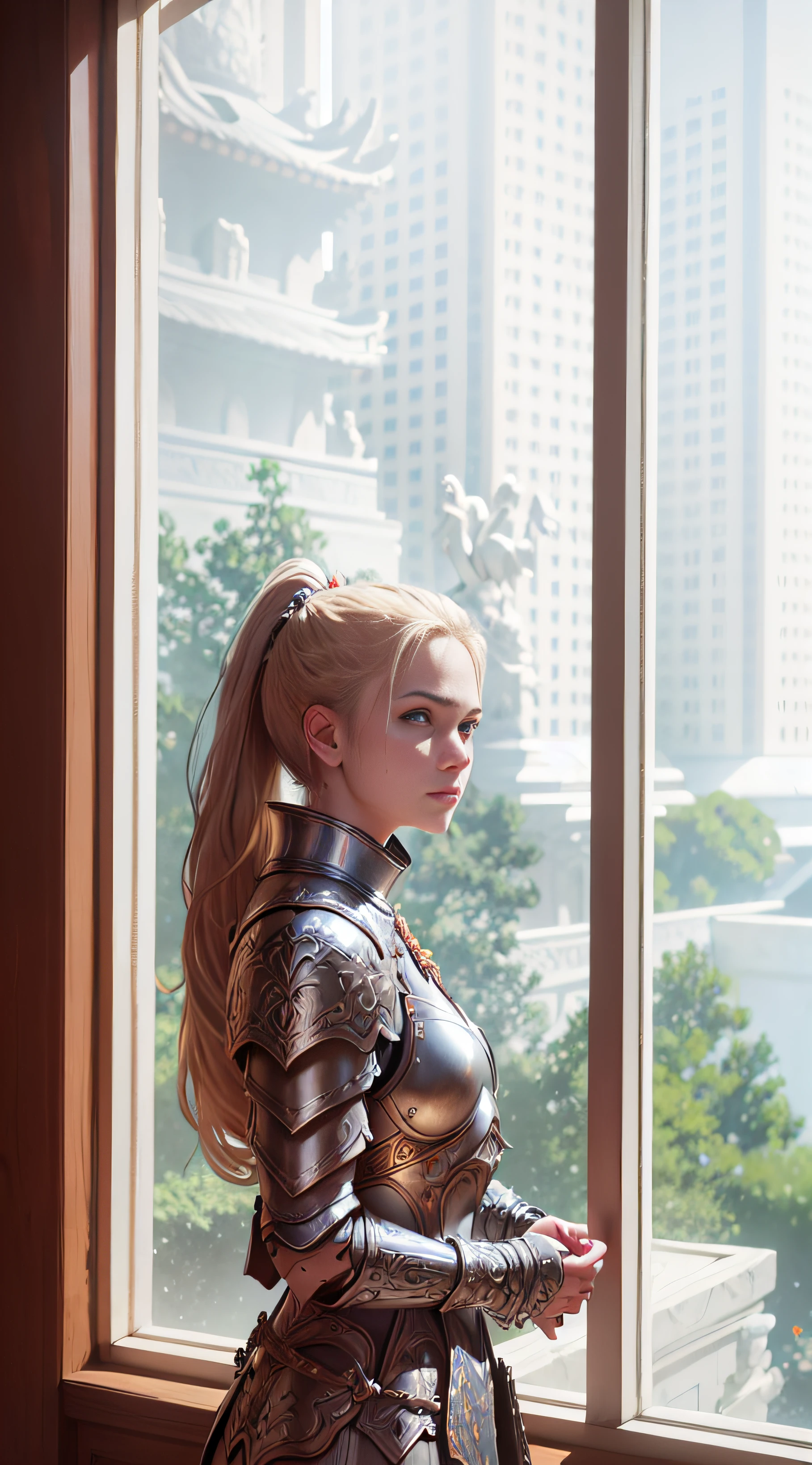 (8K, best quality:1.2), (masterpiece:1.37), (photo, photorealistic:1.37), (ultrahigh-res), half body, walking pose, shot from front, slow motion, female paladin wearing the full body, (light silver armour:1.2),(ornately decorated armor), (insanely detailed, bloom:1.5), (highest quality, Alessandro Casagrande, Greg Rutkowski, Sally Mann, concept art, 4k), (analog:1.2), (high sharpness), (detailed pupils:1.1), detailed face and eyes, Masterpiece, best quality, (highly detailed photo:1.1), (long blonde Hair, ponytail,ecstatic:1.1), (young woman:1.1), sharp, (perfect body:1.1), realistic, real shadow, 3d, (temple background:1.2), arms crossed over the chest 
photographed by Canan EOS R6, 135mm, 1/1250s, f/2.8, ISO 400