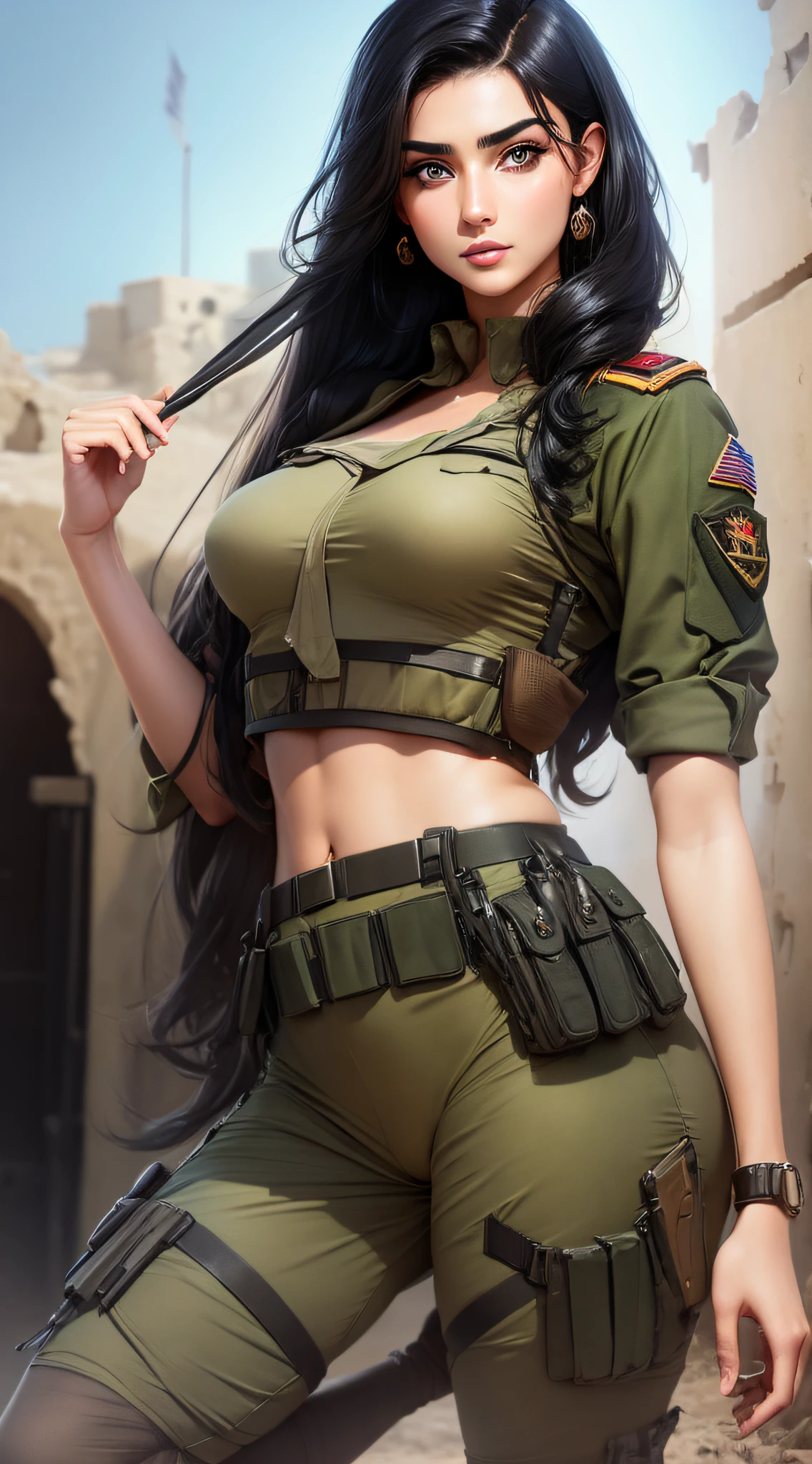 Black Haired Middle Eastern Sexy Lady in Torn Army breen Uniform