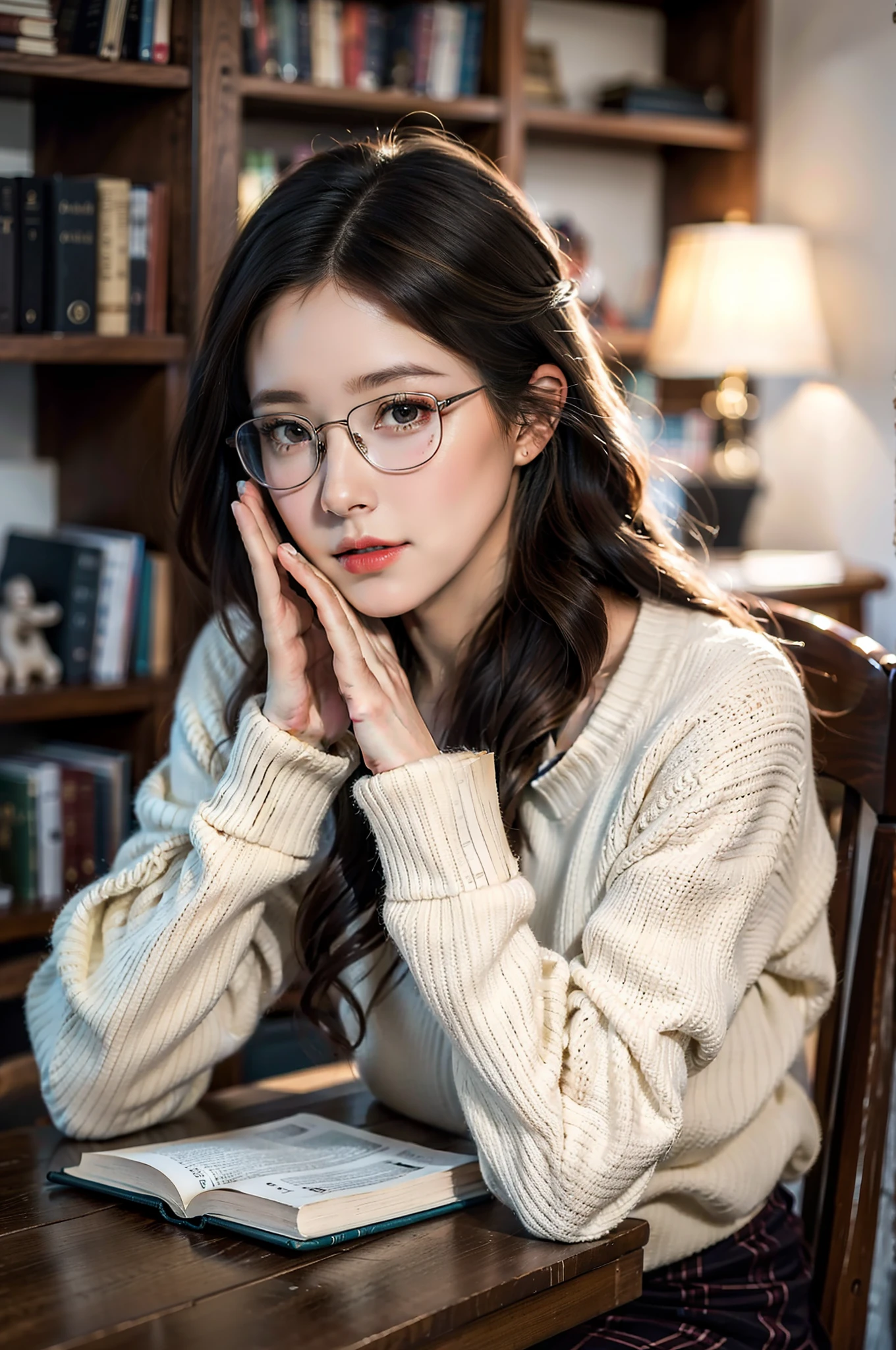 (best quality,ultra-detailed),a girl reading a textbook,beautiful detailed eyes,beautiful detailed lips,longeyelashes,studying,a quiet library,soft natural lighting,bookshelves filled with books,curled up on a cozy armchair,reading glasses,concentrated expression,flowing blonde hair,plaid skirt and sweater,high-res image,vivid colors,ultra-realistic,bokeh.
