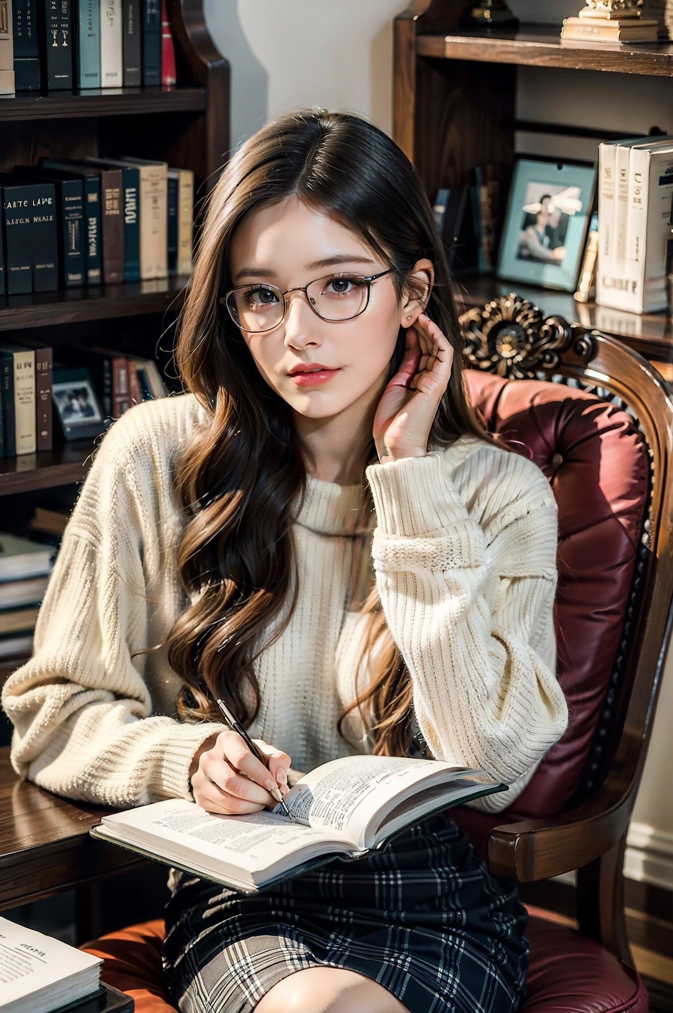 (best quality,ultra-detailed),a girl reading a textbook,beautiful detailed eyes,beautiful detailed lips,longeyelashes,studying,a quiet library,soft natural lighting,bookshelves filled with books,curled up on a cozy armchair,reading glasses,concentrated expression,flowing blonde hair,plaid skirt and sweater,high-res image,vivid colors,ultra-realistic,bokeh.