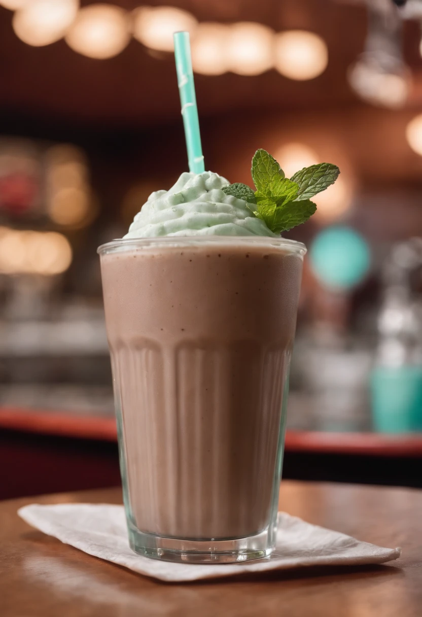 POV closeup (photo:1.2) of an old-fashioned style chocolate mint chip milkshake, syrup, (busy cozy retro diner interior, people in background), paper coaster. "ahaha it tastes like toothepaste" go eat a mentos you fucking cretin this one's for all my fellow mint enjoyers put it right here brothers