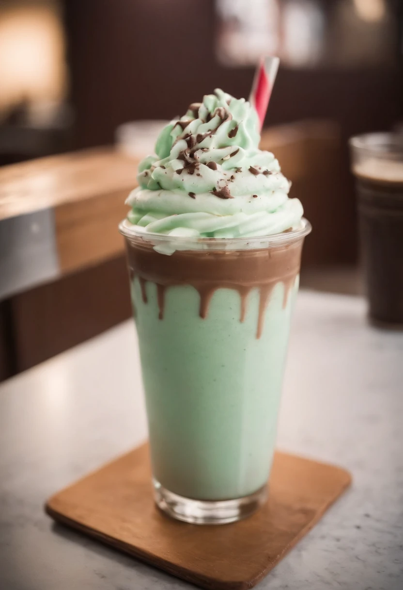 POV closeup (photo:1.2) of an old-fashioned style chocolate mint chip milkshake, syrup, (busy cozy retro diner interior, people in background), paper coaster. "ahaha it tastes like toothepaste" go eat a mentos you fucking cretin this one's for all my fellow mint enjoyers put it right here brothers