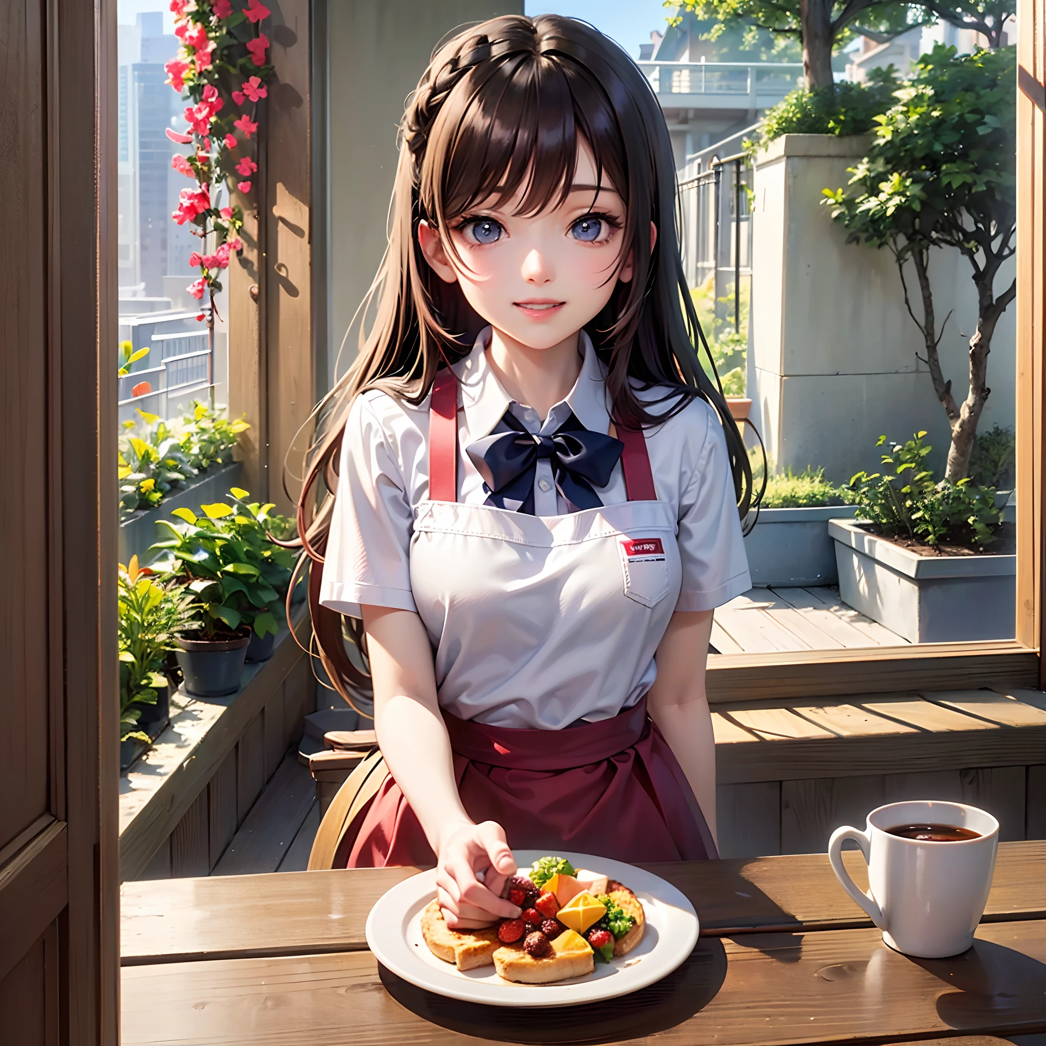 ((Finest quality)),(超A high resolution),(ultra-detailliert),((Best Anime)),sharpnes,Clair,Art with astounding depictions, (hi-school girl:1.3),Wearing an apron over a school uniform,a smile, Preparing breakfast