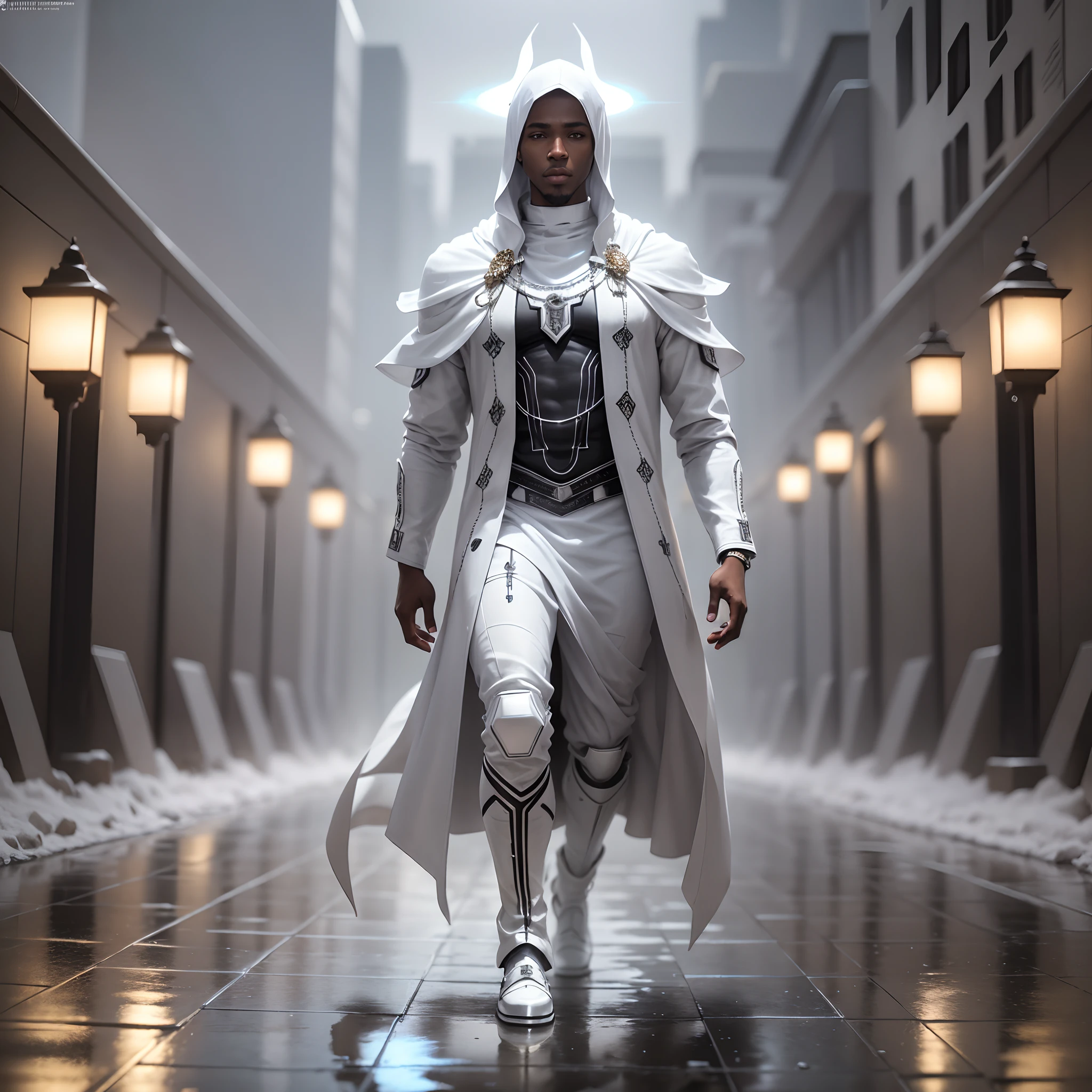 black man dressed in white coloured African designed clothes, walking on a wet surface covered by white smoke, all white coloured in scene, cgsociety 9, sci-fi, with iridescent light, 32k, ultra HD, unreal engine rendered, cinematic lighting, bright and vibrant colours, photorealistic image, --auto --s2