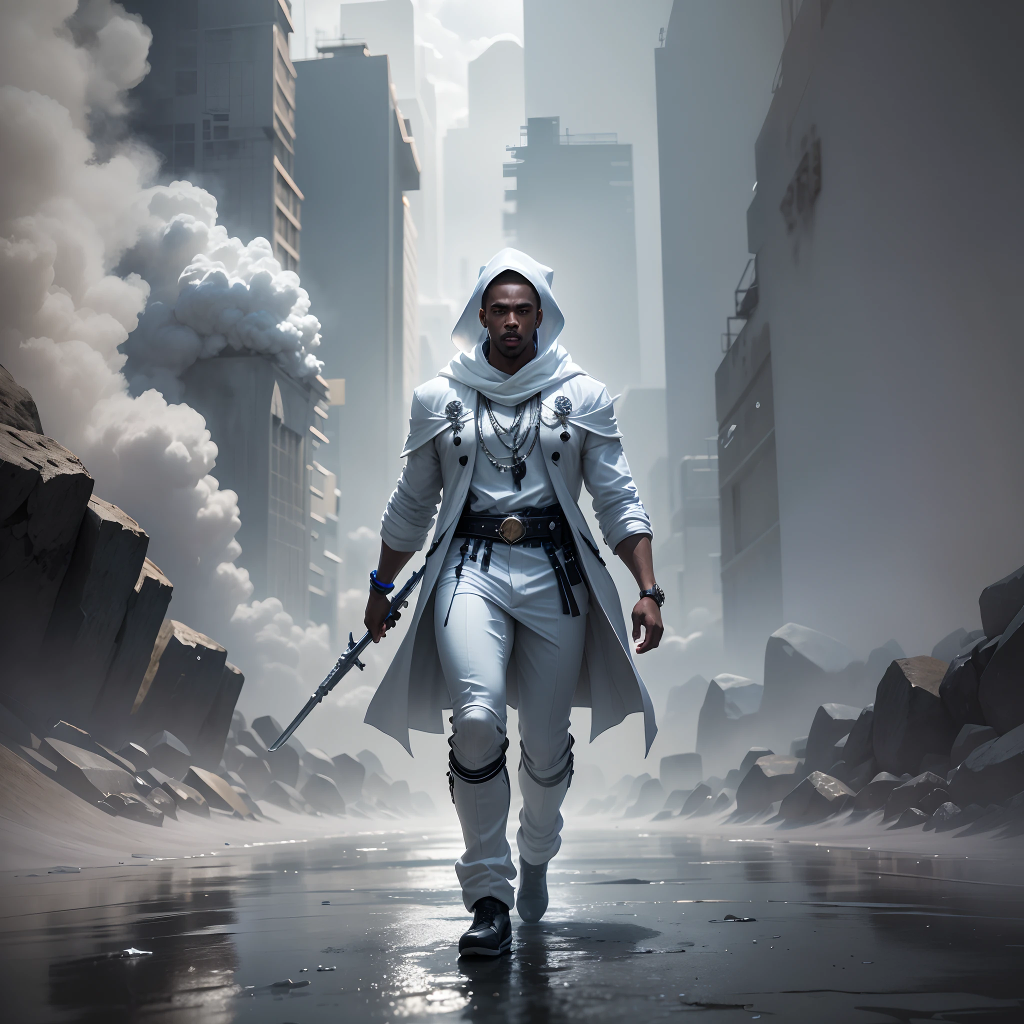 black man dressed in white coloured African designed clothes, walking on a wet surface covered by white smoke, all white coloured in scene, cgsociety 9, sci-fi, with iridescent light, 32k, ultra HD, unreal engine rendered, cinematic lighting,  bright and vibrant colours, photorealistic image, --auto --s2