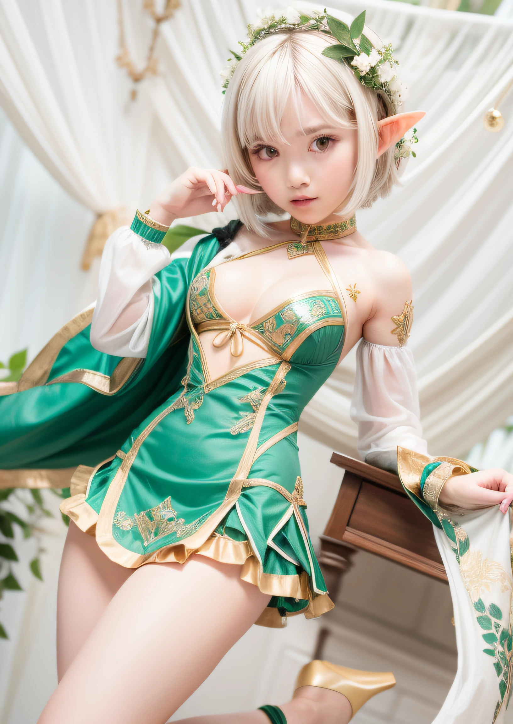 Chica un baculo y un vestido verde, Elf girl, Deidad de pelo blanco, Seductora princesa elfa caballero, Kokkoro