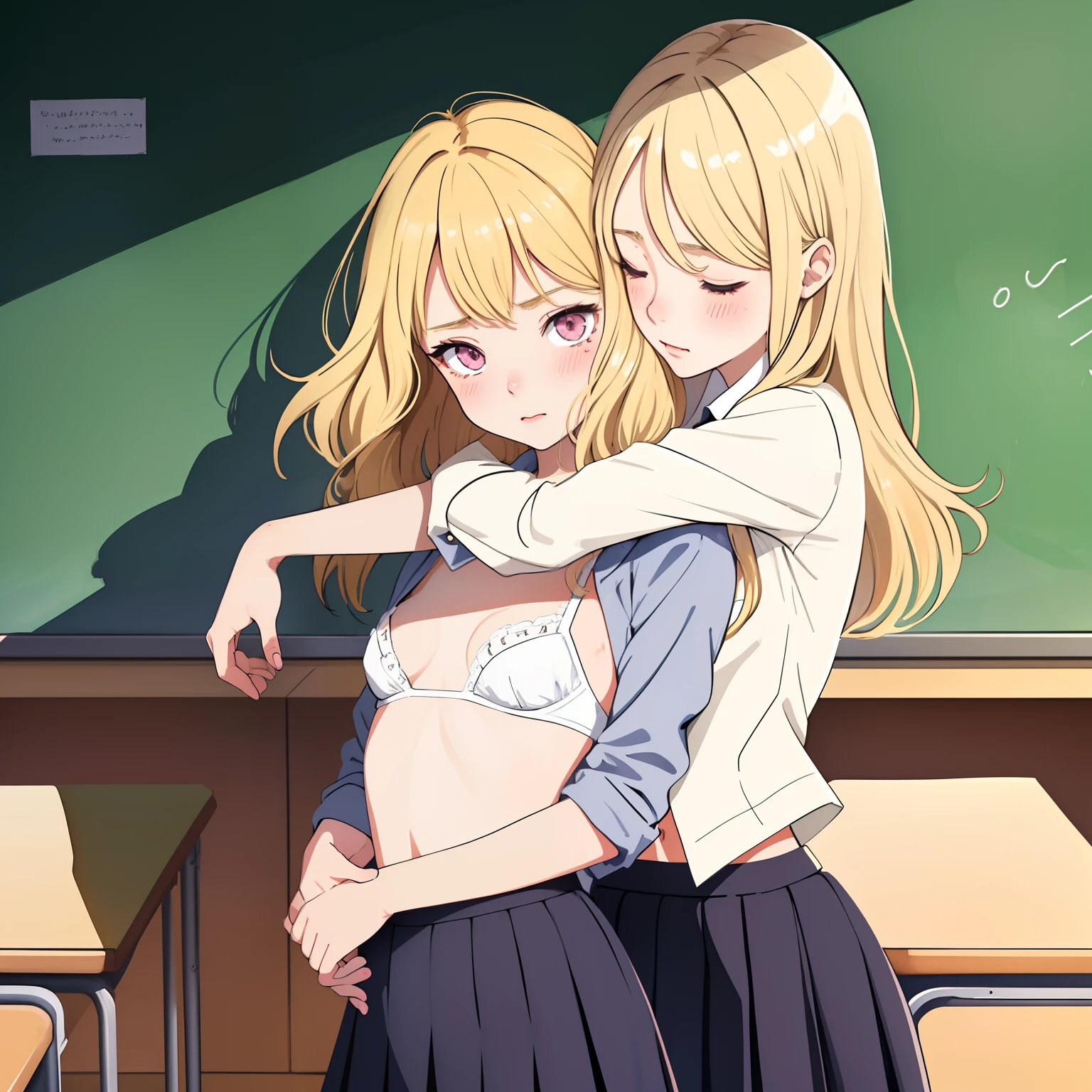 (superflat, flat shading, flat colors:1.1), (classroom), 2girls, , schoolgirl, small breast, blonde hair, school uniform, open shirt, white bra, (hugging from behind), emotional, love, blush, standing by blackboard, bright sunlight, best shadows, watercolor