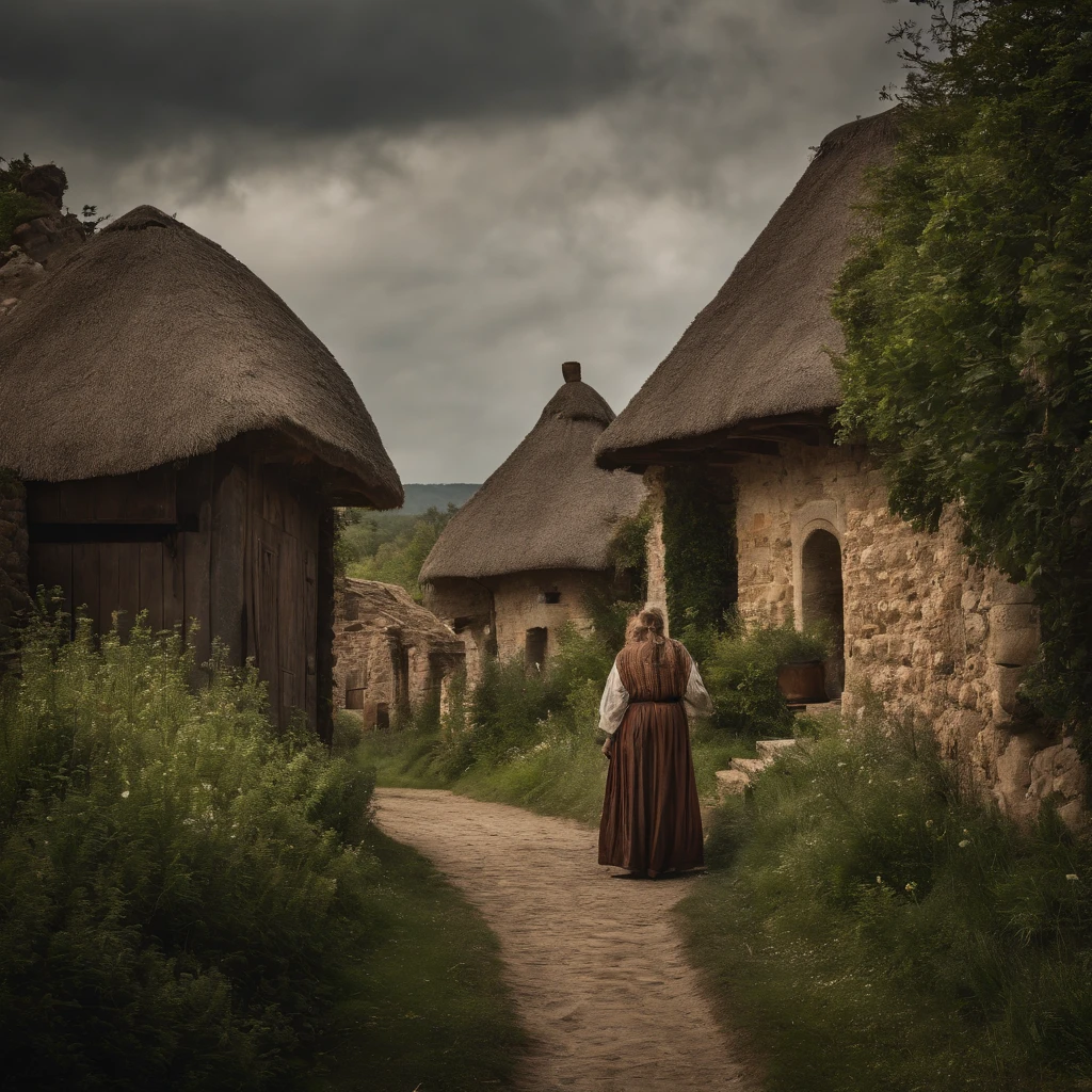 A medieval village, huts with stone walls and thatched roofs, a dirt path, exotic trees, people tending to wear long robes and tunics, atmospheric, medieval, cinematic, real photo
