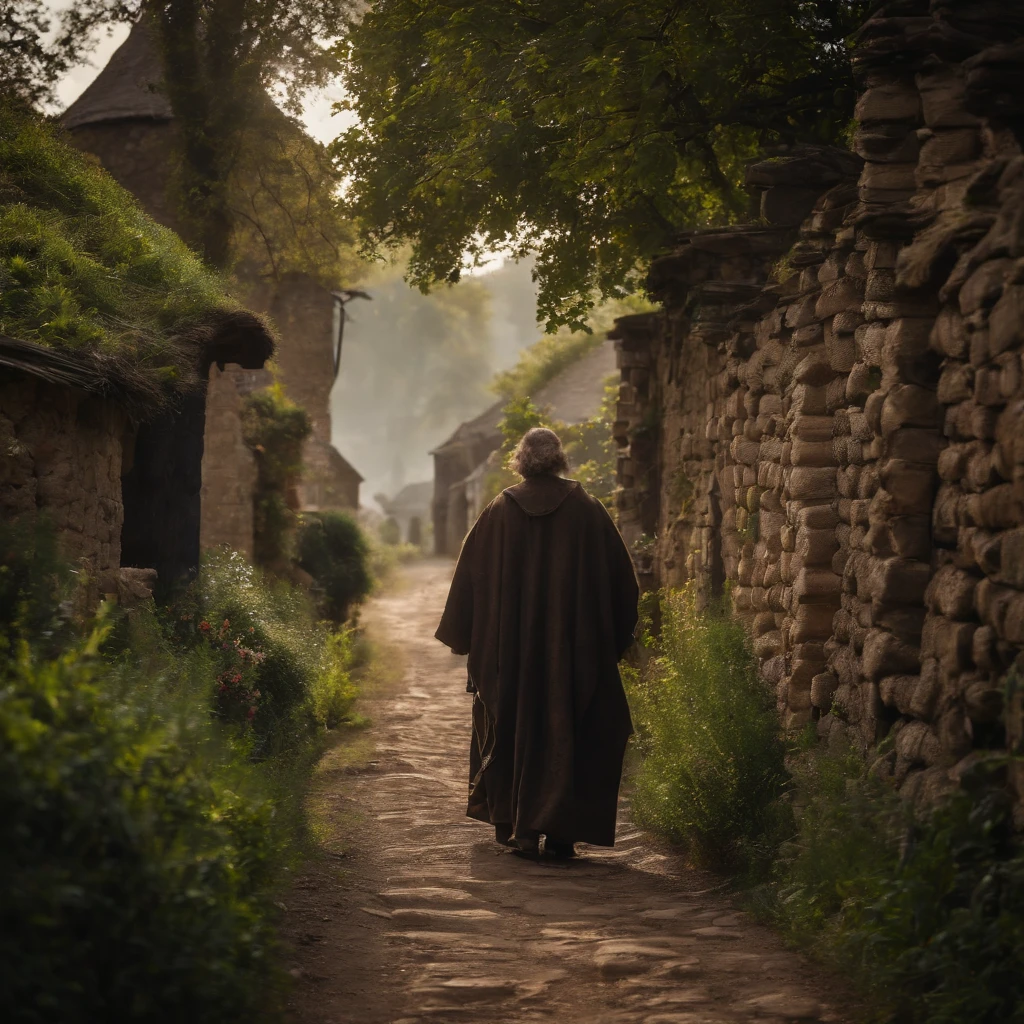 A medieval village, huts with stone walls and thatched roofs, a dirt path, exotic trees, people tending to wear long robes and tunics, atmospheric, medieval, cinematic, real photo
