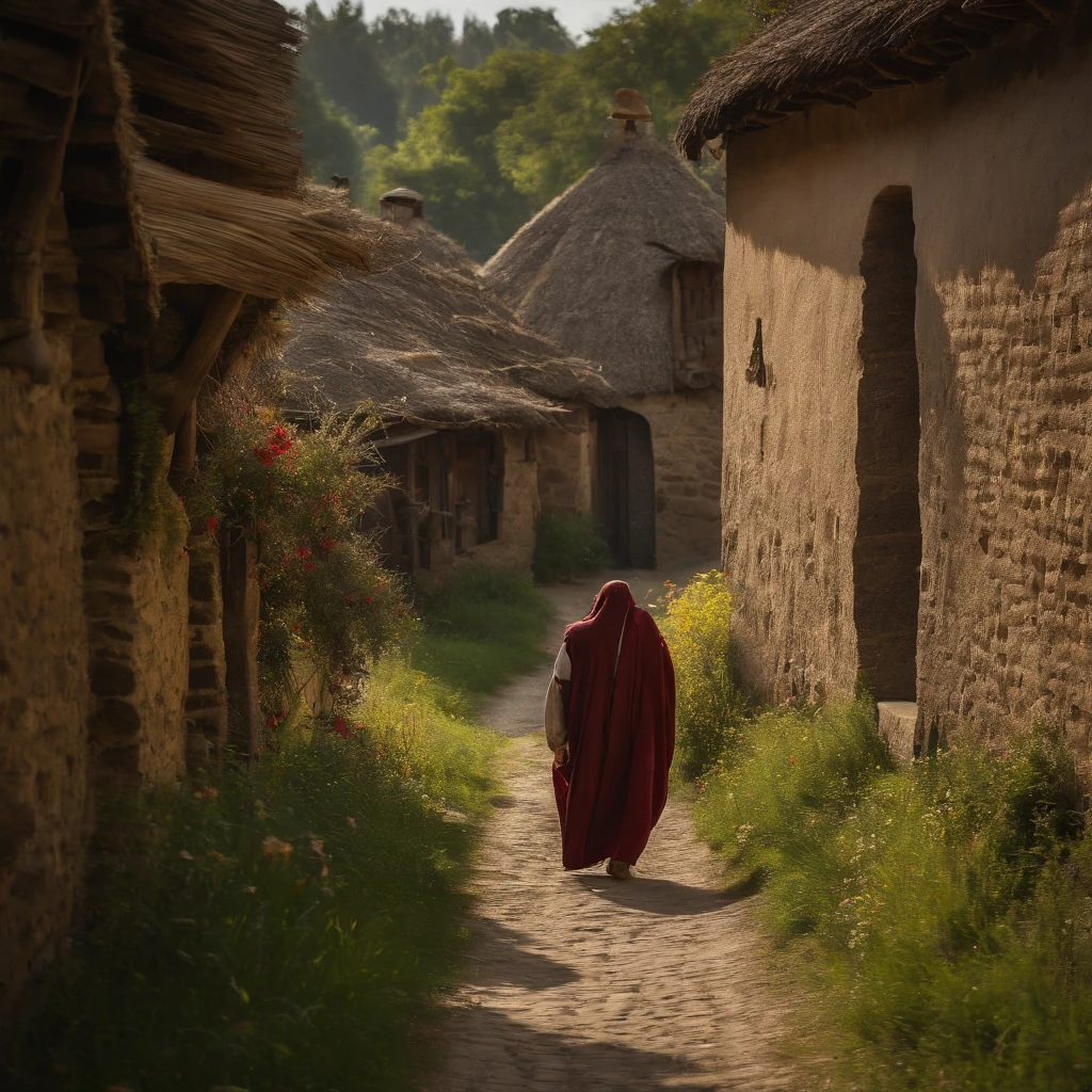 A medieval village, huts with stone walls and thatched roofs, a dirt path, exotic trees, people tending to wear long robes and tunics, atmospheric, medieval, cinematic, real photo